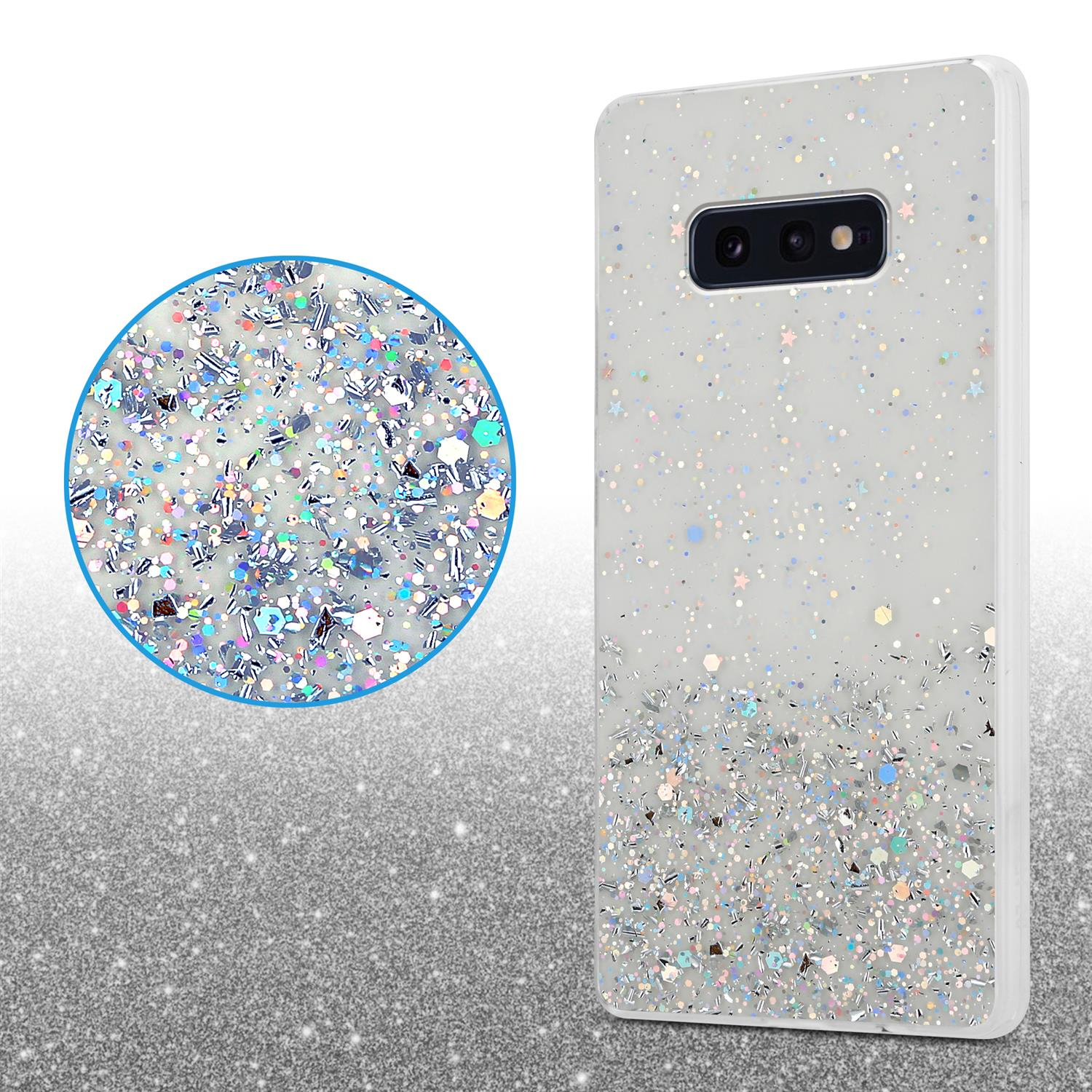 Custodia per telefono con effetto glitter. Una vista ingrandita dei glitter è a sinistra.