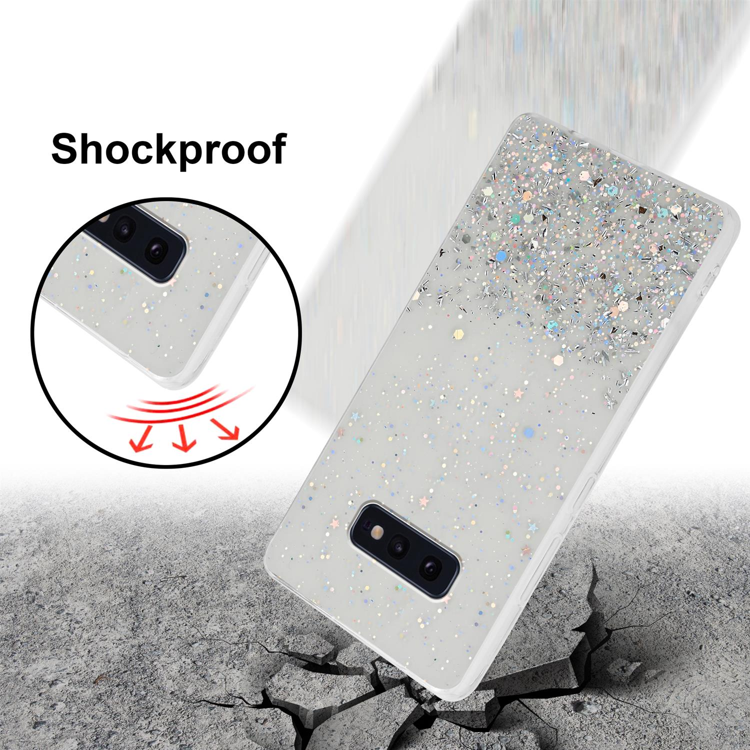 Una custodia per telefono con un design glitterato viene fatta cadere su una superficie incrinata, con la parola 'Shockproof'.