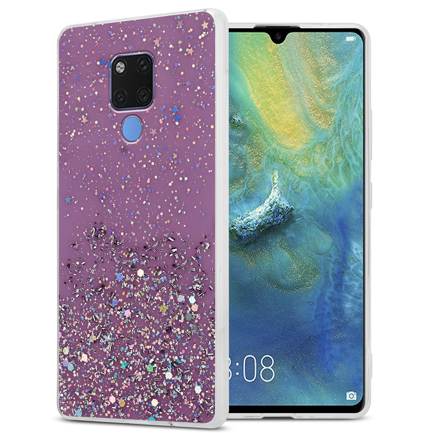 Lila Handyhülle mit Glitzer und Sternen. Telefon zeigt Zeit, weißer Hintergrund.
