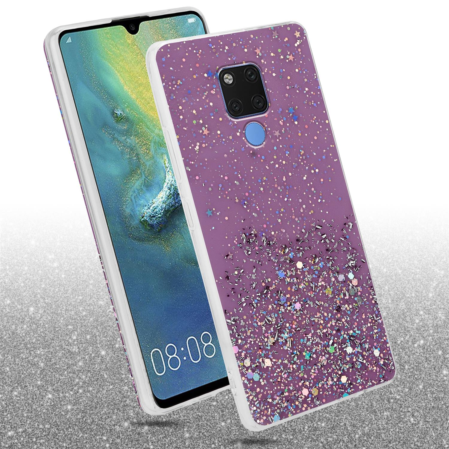 Telefon und Handyhülle mit lila Glitzer. Die Hülle hat Sterne und befindet sich auf einer Glitzeroberfläche.