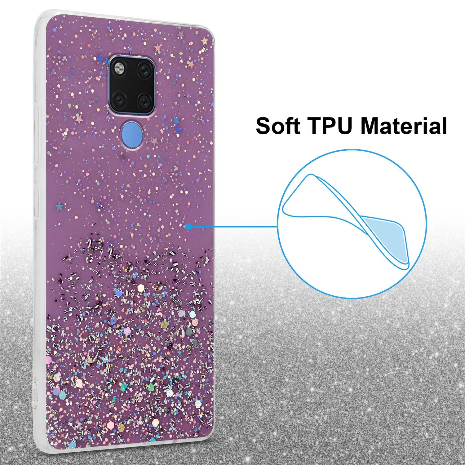 Lila Handyhülle mit Glitzer und Text. Text: Weiches TPU-Material.