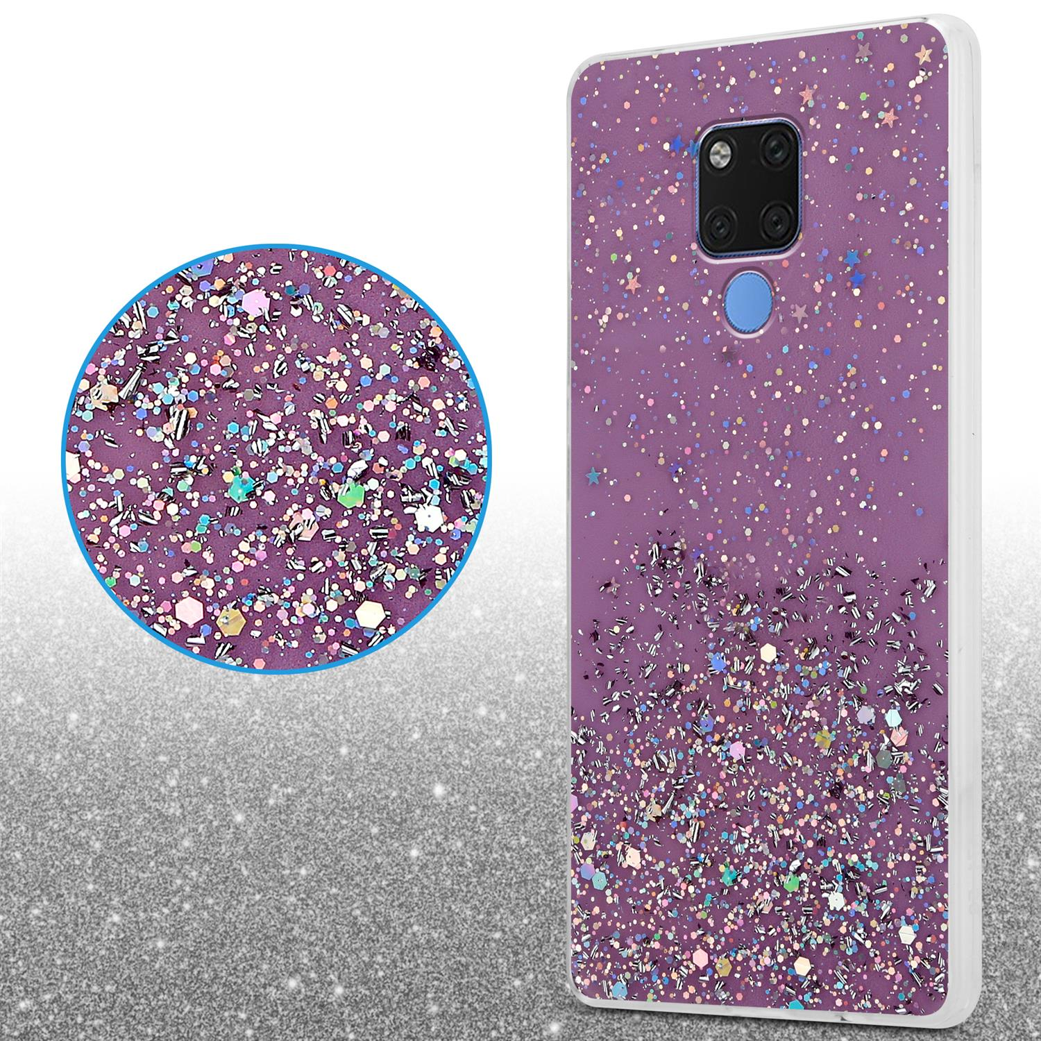 Lila Handyhülle mit Glitzer und einem vergrößerten kreisförmigen Glitzerdetail. Handyhülle.