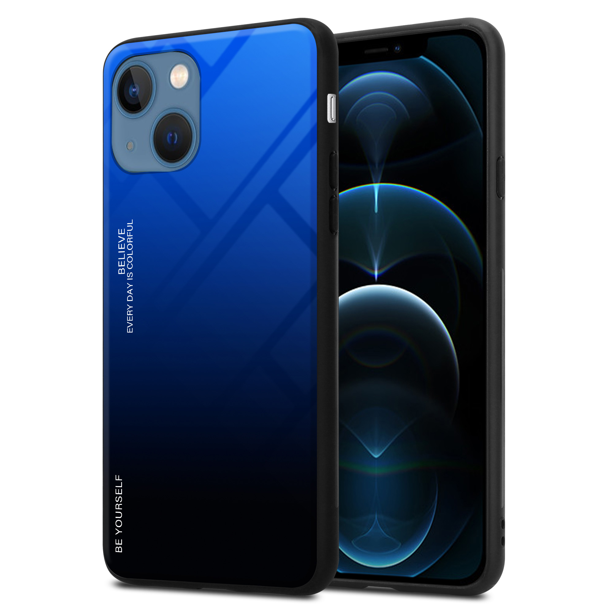 Blau-schwarzes Farbverlauf-Telefongehäuse mit Telefon. Gehäuse sagt 'Believe Every Day Is Colorful' und 'Be Yourself'.