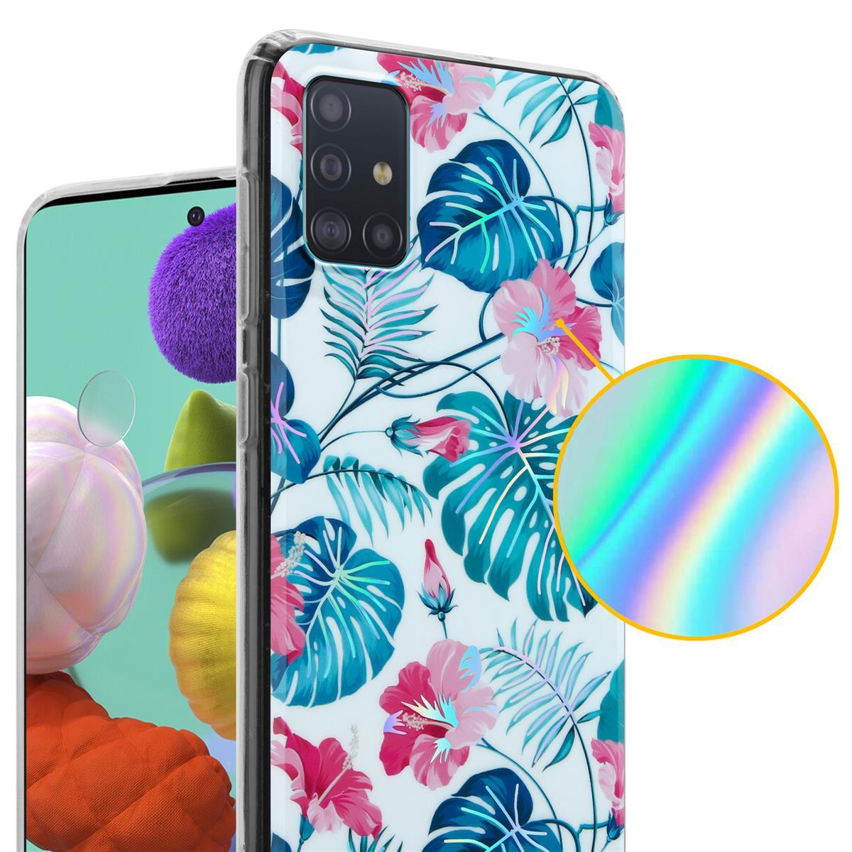 Custodia per telefono con design di fiori e foglie tropicali. Viene mostrato un effetto olografico.