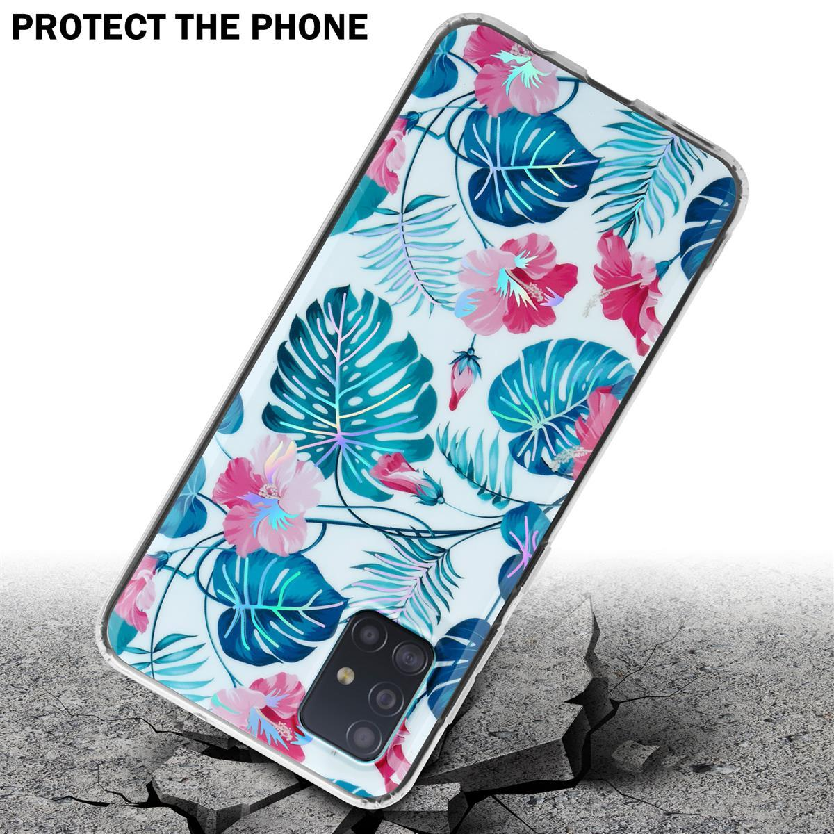 Una custodia per telefono floreale, con fiori rosa e blu e foglie verdi, su una superficie incrinata.
