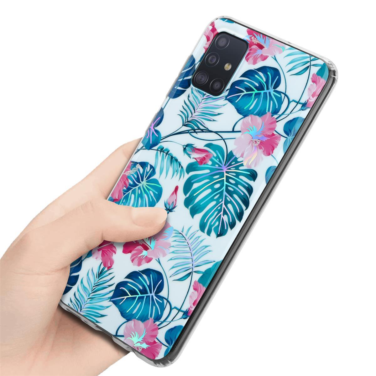 Mano che tiene una custodia per telefono con un motivo floreale. La custodia ha fiori rosa e blu.