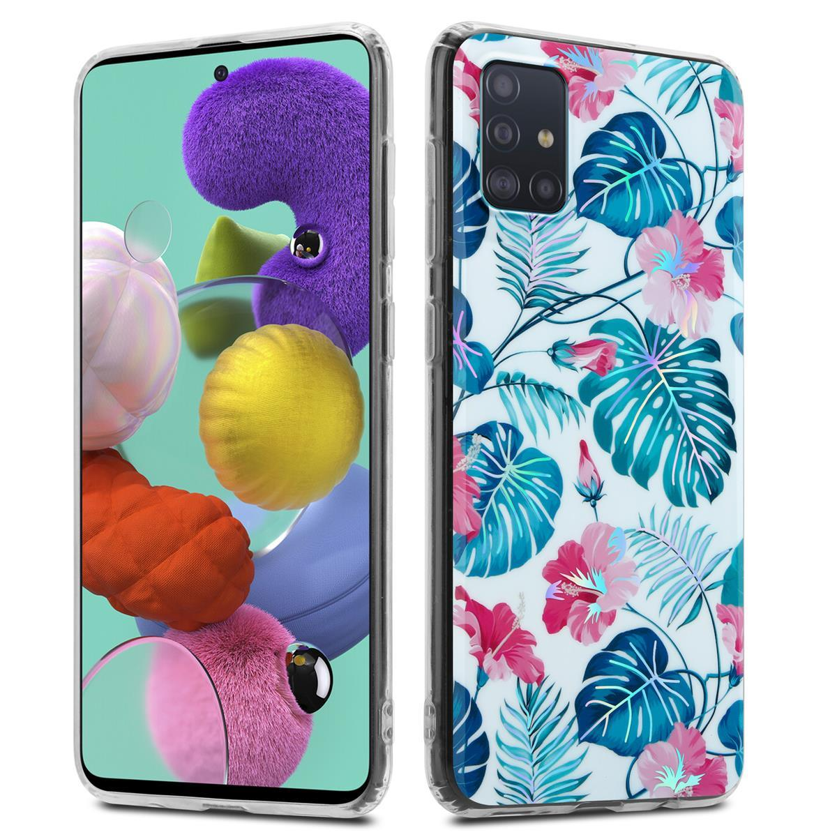Custodia per telefono con motivo floreale e un telefono. La custodia ha fiori rosa, blu e verdi su bianco.