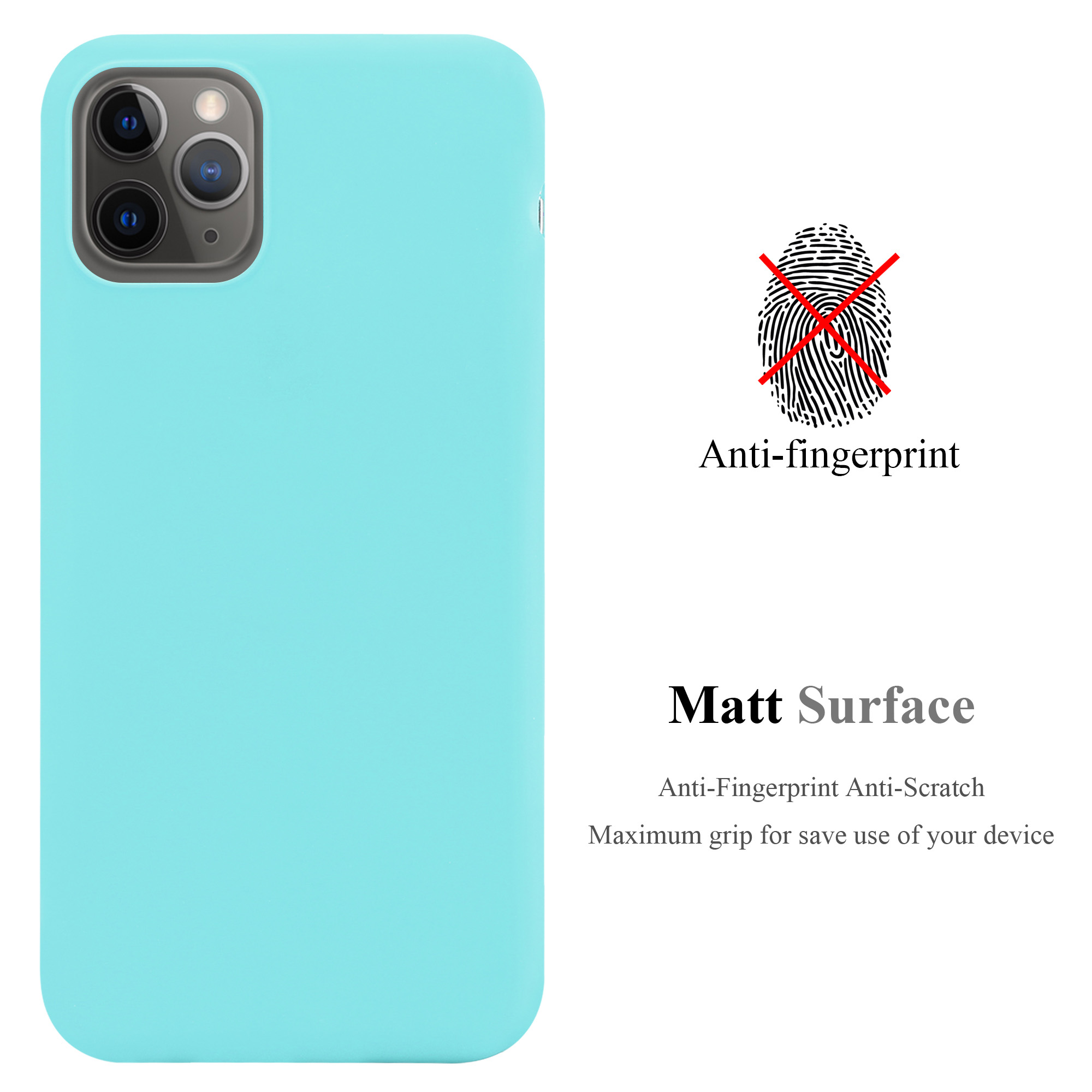Hellblaue Handyhülle. Anti-Fingerabdruck und matte Oberfläche werden beworben.