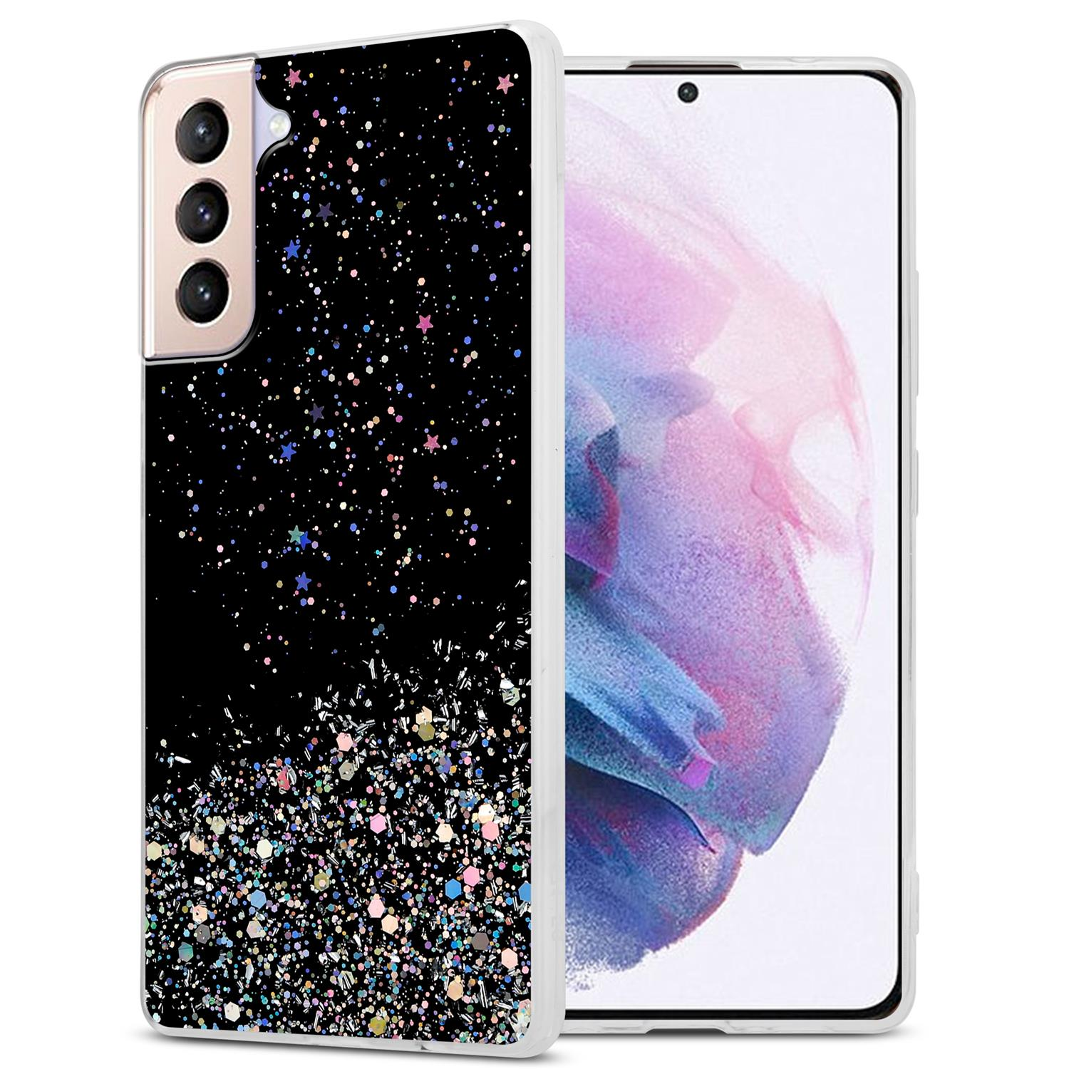Custodia nera con glitter. Lo schermo del telefono è visibile. La custodia ha un design glitterato in basso.