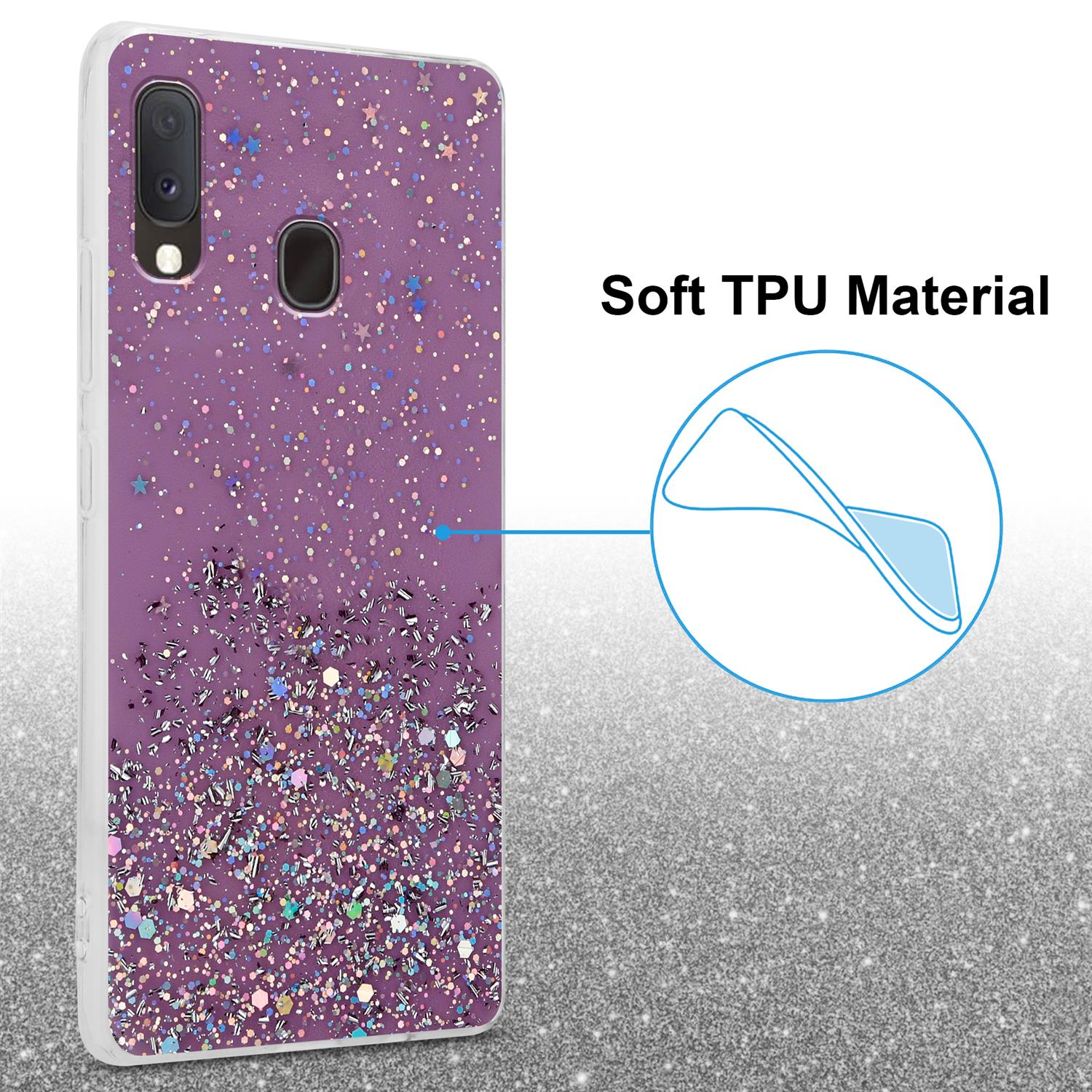 Samsung, A20e, funkelnden Backcover, Schutzhülle mit Glitter Lila Glitter, / CADORABO Galaxy mit A10e