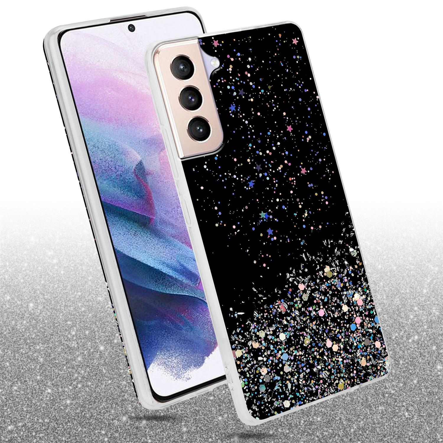 Custodia per telefono nera con glitter e stelle. Un telefono è nella custodia, accanto a un altro.