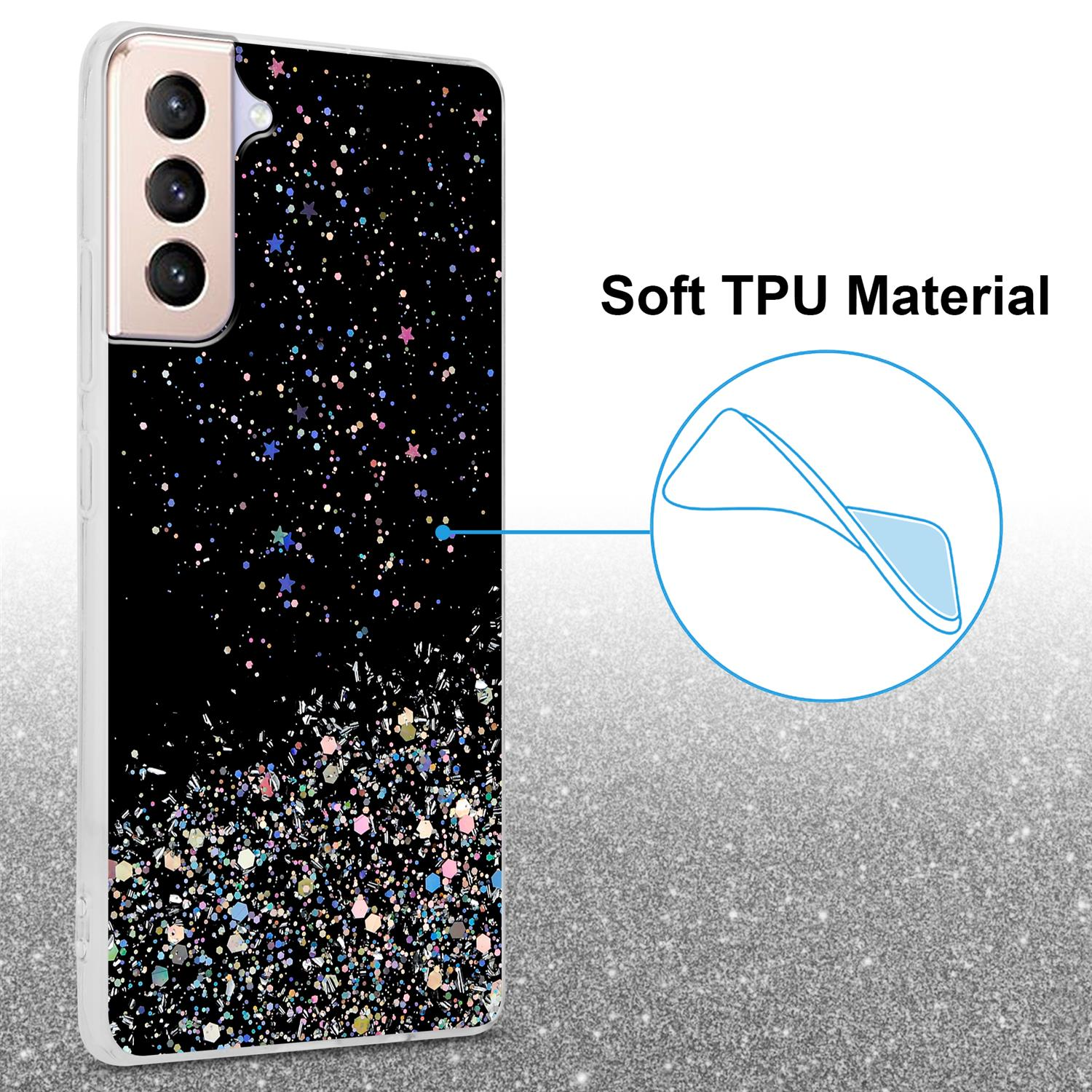 Una custodia per telefono con sfondo nero e glitter colorati, con sfondo glitter.