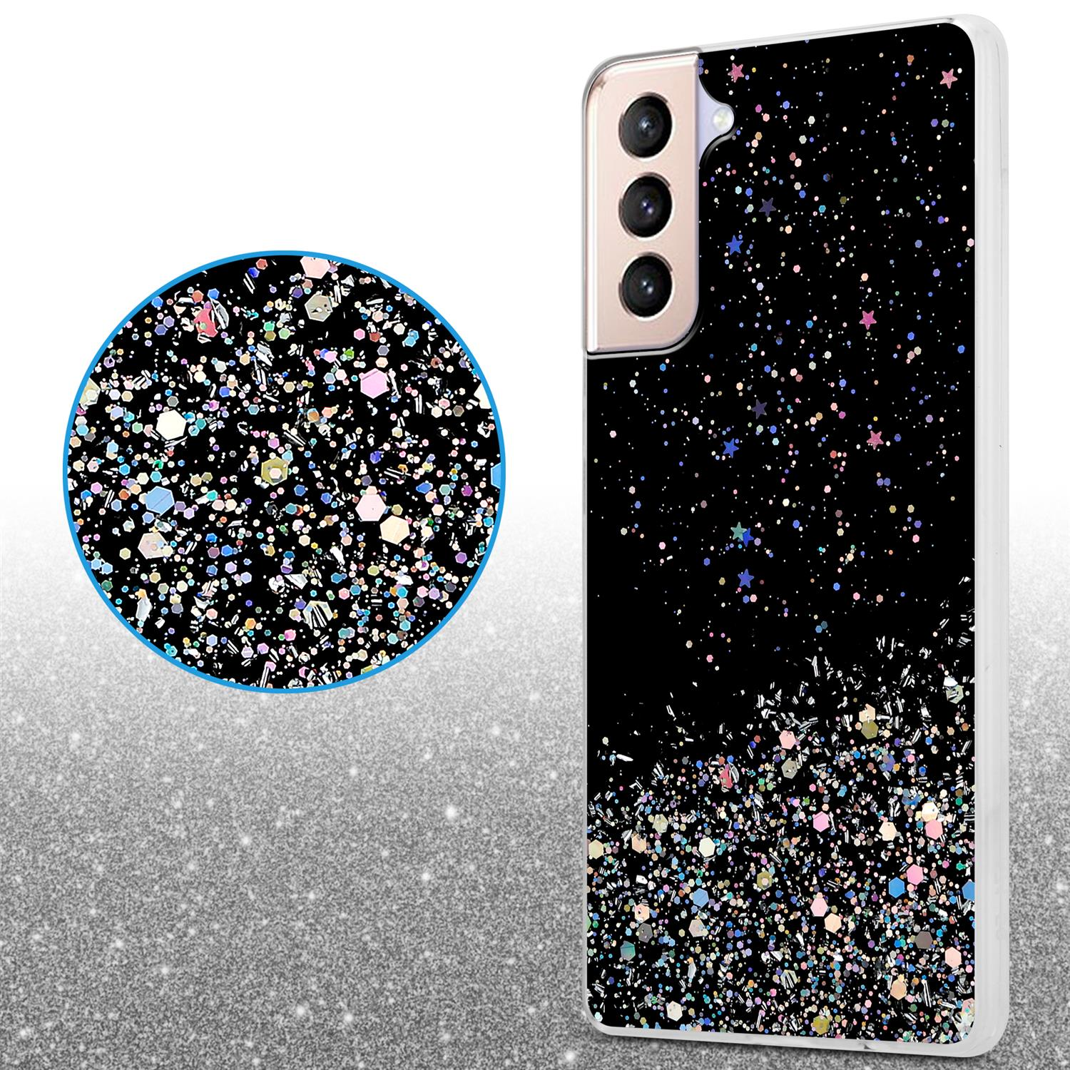 Una custodia per telefono con sfondo nero e glitter colorati. A sinistra, un primo piano dei glitter.