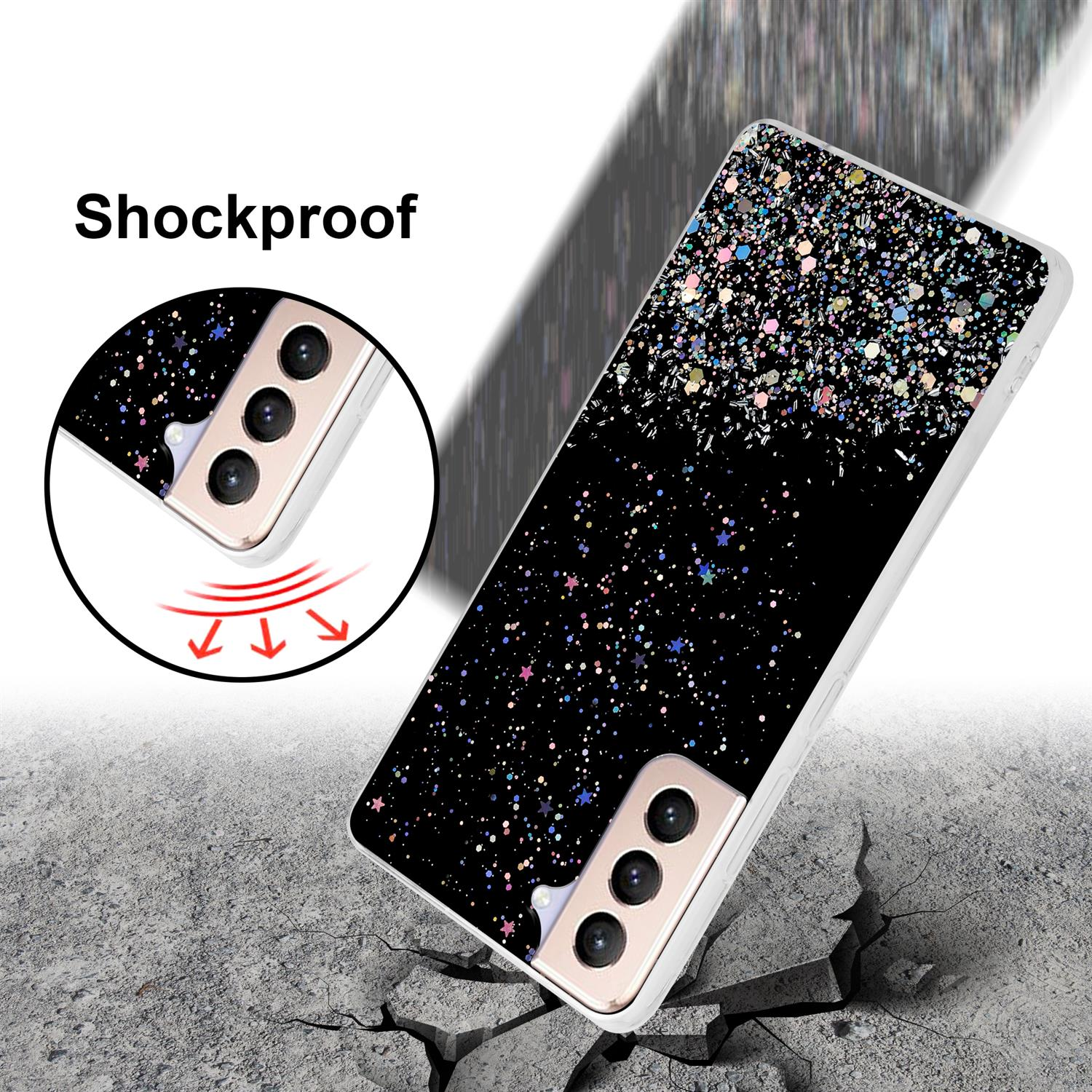 Telefono in una custodia su terreno incrinato, con stelle. Testo: Antishock.