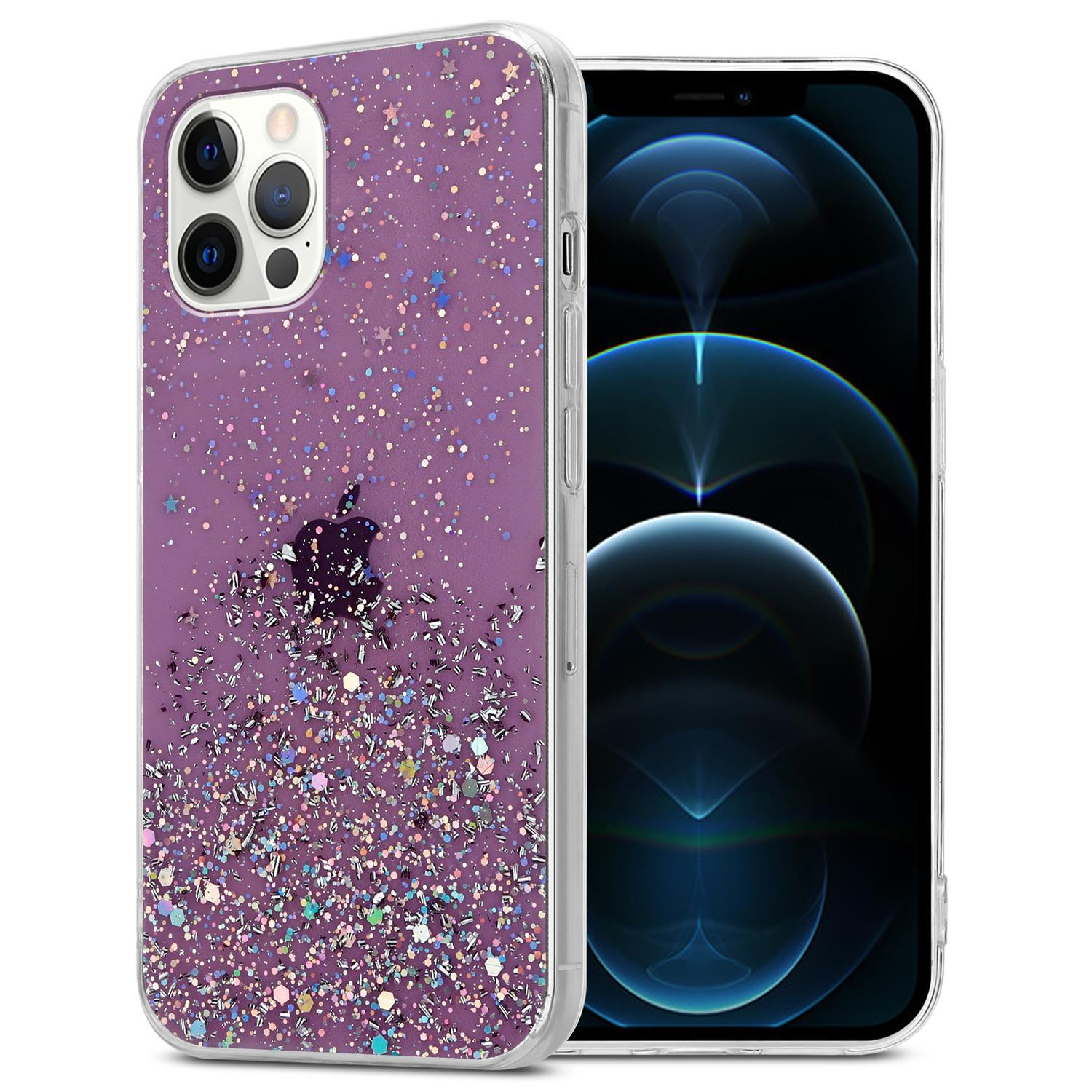 Telefon in lila Glitzerhülle, mit Apple-Logo, auf weißem Hintergrund.