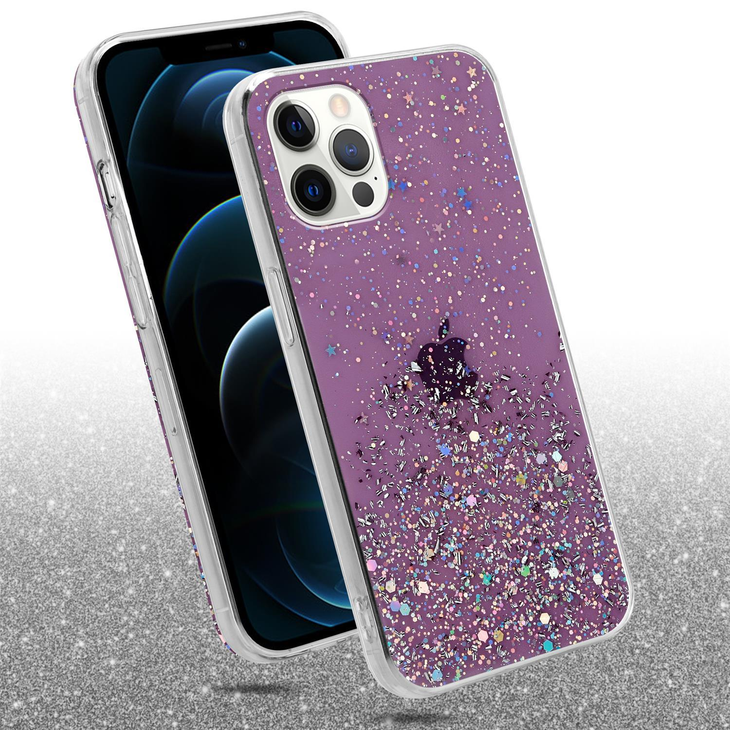 Lila Handyhülle mit Glitzer und Sternen, mit einem Telefon darin.