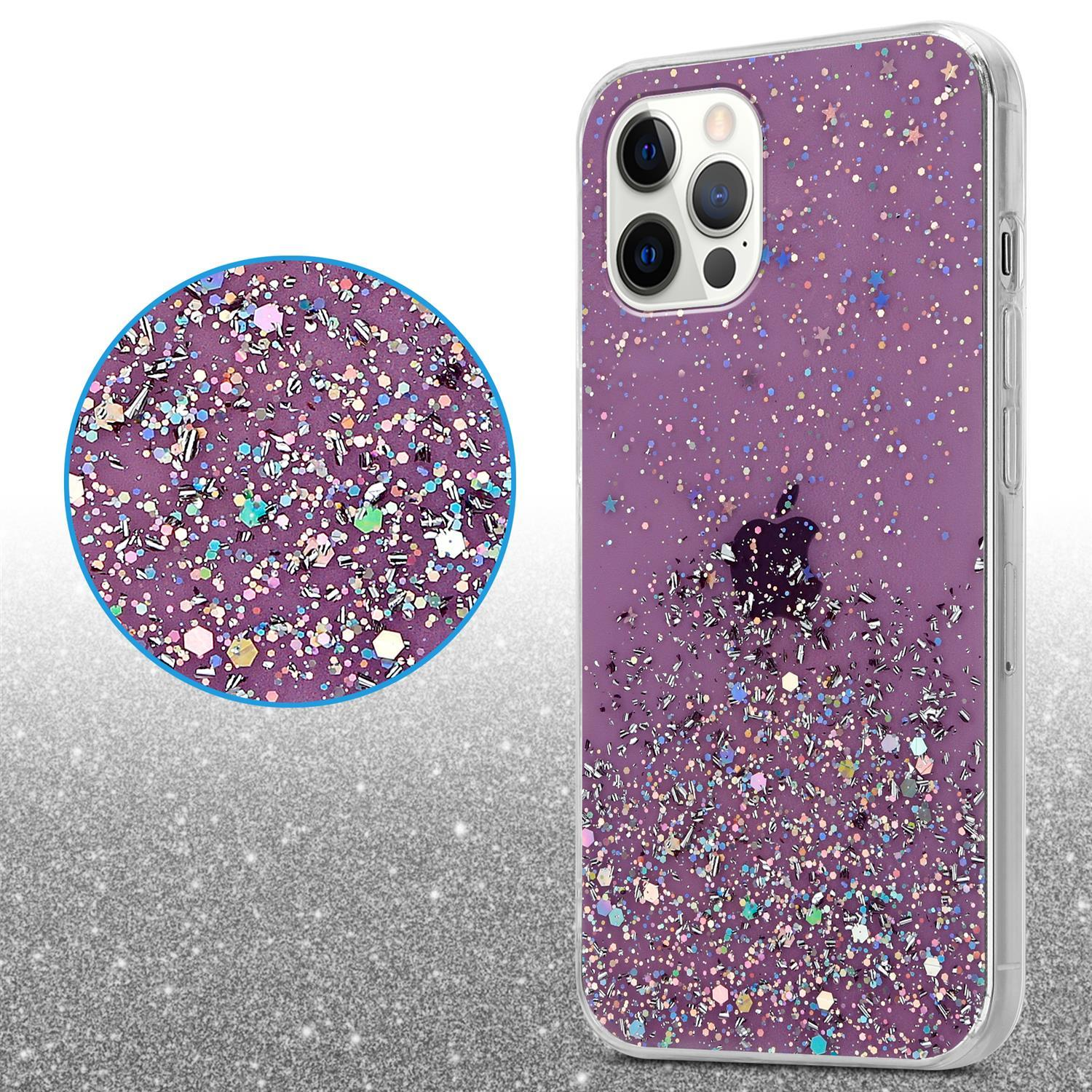 Eine lila Glitzer-Handyhülle mit schwarzem Apple-Logo. Es ist auf silbernem Glitzerhintergrund.