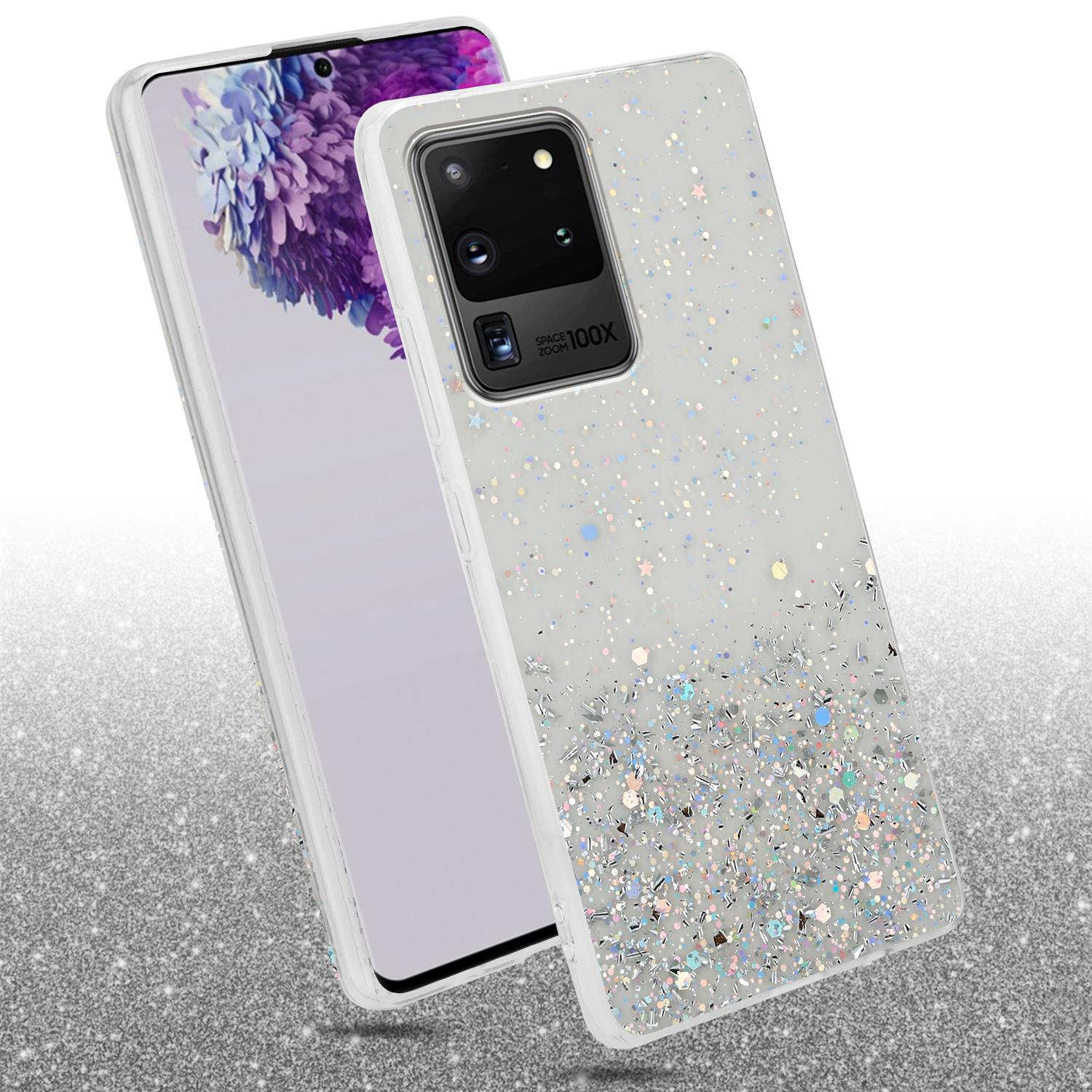 Una custodia per telefono con glitter su un telefono. Un secondo telefono è dietro.