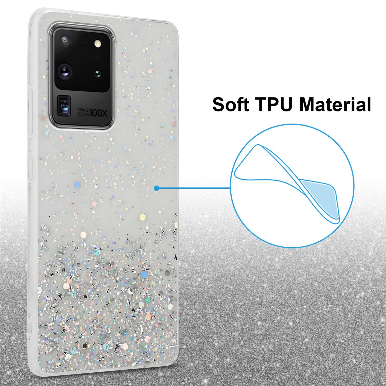 Una custodia per telefono con sfondo bianco e glitter argentati. La custodia è tenuta da una mano.