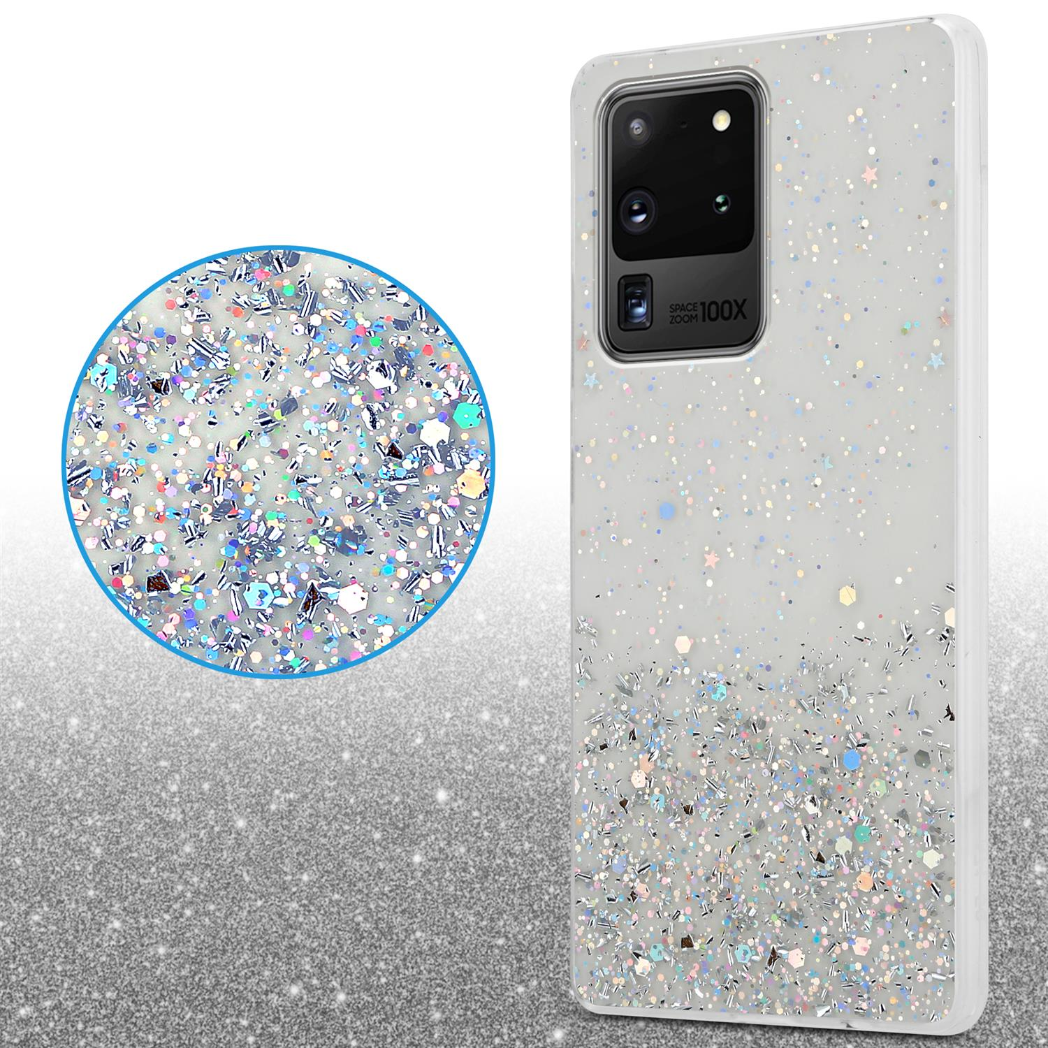 Una custodia per telefono con un motivo glitterato. Il telefono è nella custodia, con una fotocamera. Un cerchio mostra i glitter in dettaglio.
