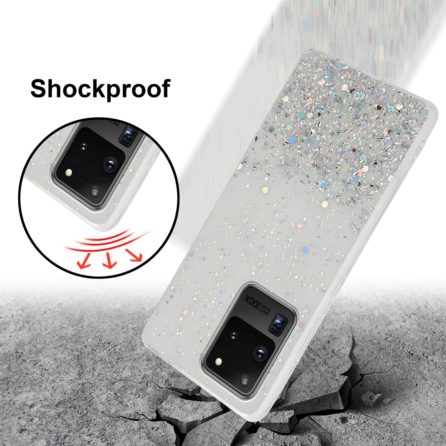 Un telefono in una custodia glitterata viene mostrato mentre cade su un terreno incrinato. Il testo dice Antiurto.