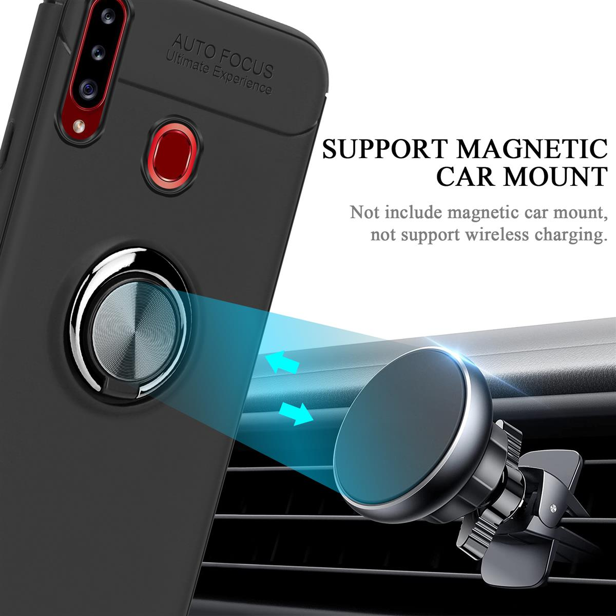 Ein Telefon in einer schwarzen Hülle ist an einer Autolüftung befestigt. Ein kreisförmiger Magnet wird zur Befestigung gezeigt.
