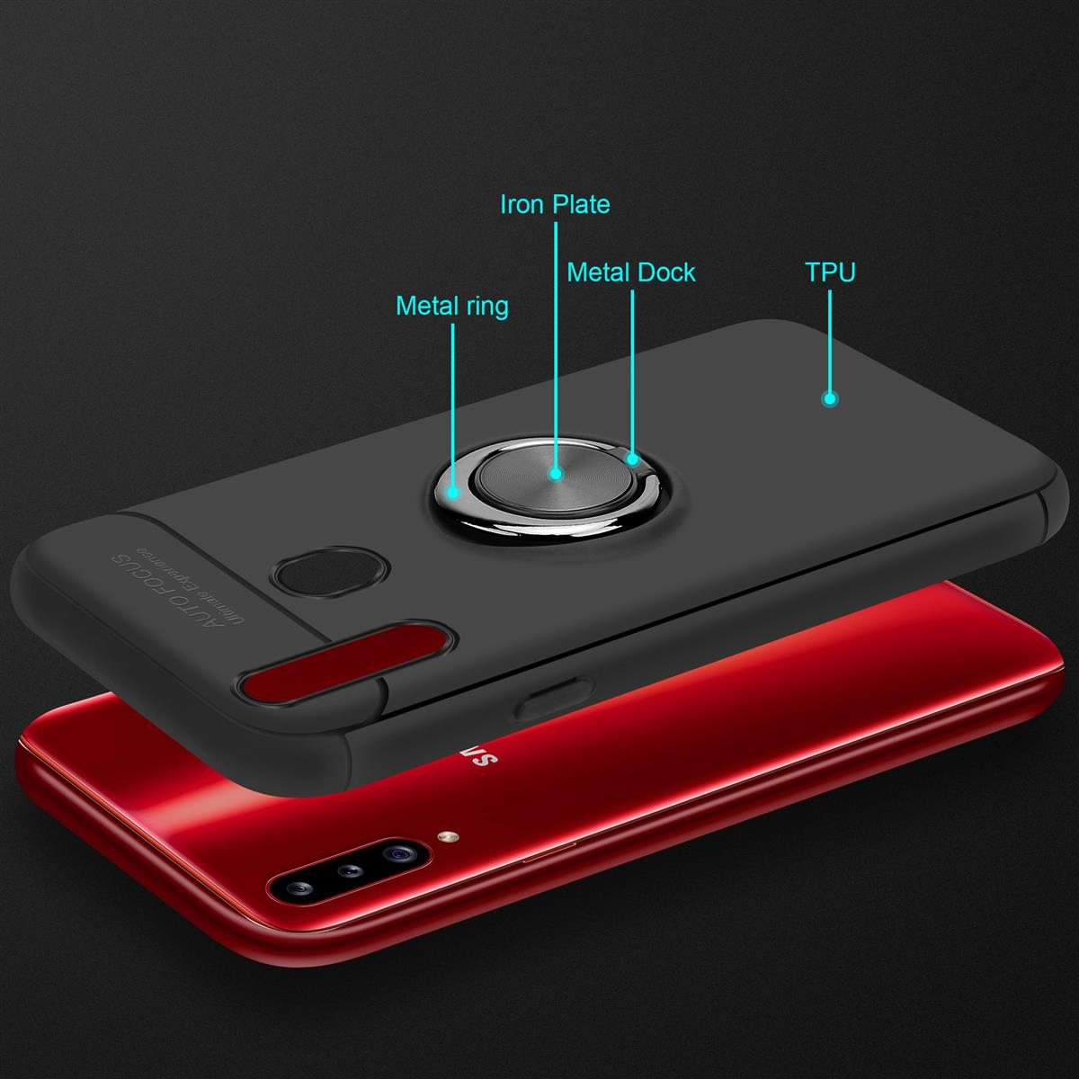 Schwarze Handyhülle, rotes Telefon und schwarzer Hintergrund. Produktdetails sind beschriftet.