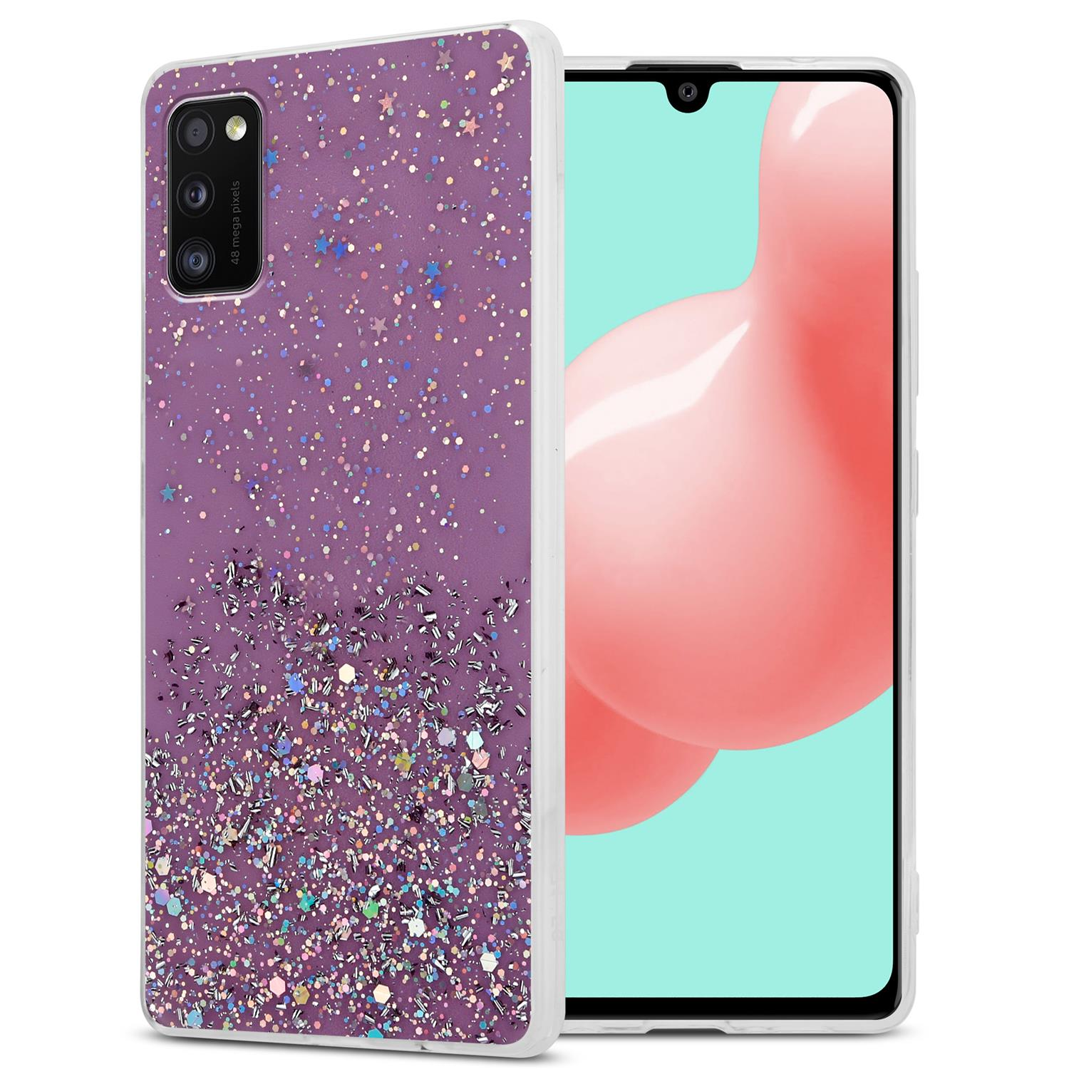 Eine lila Handyhülle mit Glitzer. Rechts befindet sich ein Telefon mit rosa Hintergrund.