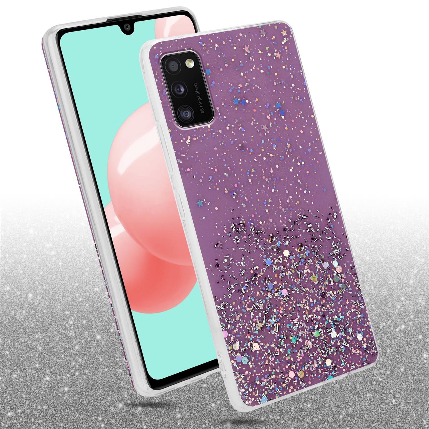 Lila Handyhülle mit Glitzer. Ein Telefon wird links angezeigt. Im Hintergrund befindet sich eine glitzernde Oberfläche.