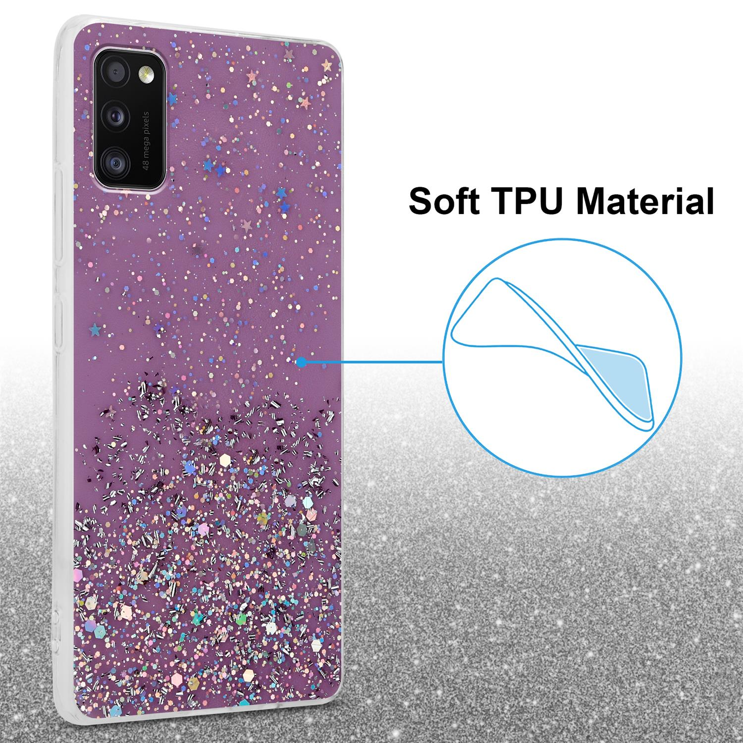 Lila Handyhülle mit Glitzer und Sternen. Text sagt 'Soft TPU Material'.