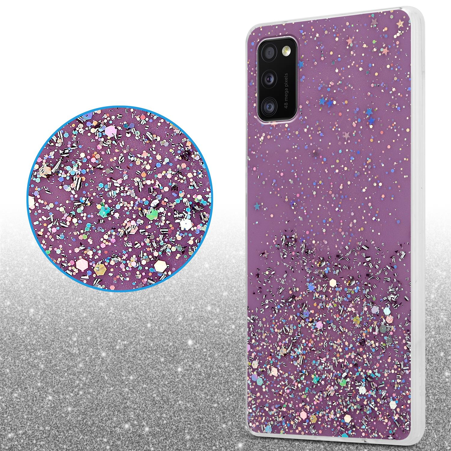 Eine lila Handyhülle mit Glitzer, mit vergrößertem Bereich und Glitzerhintergrund.