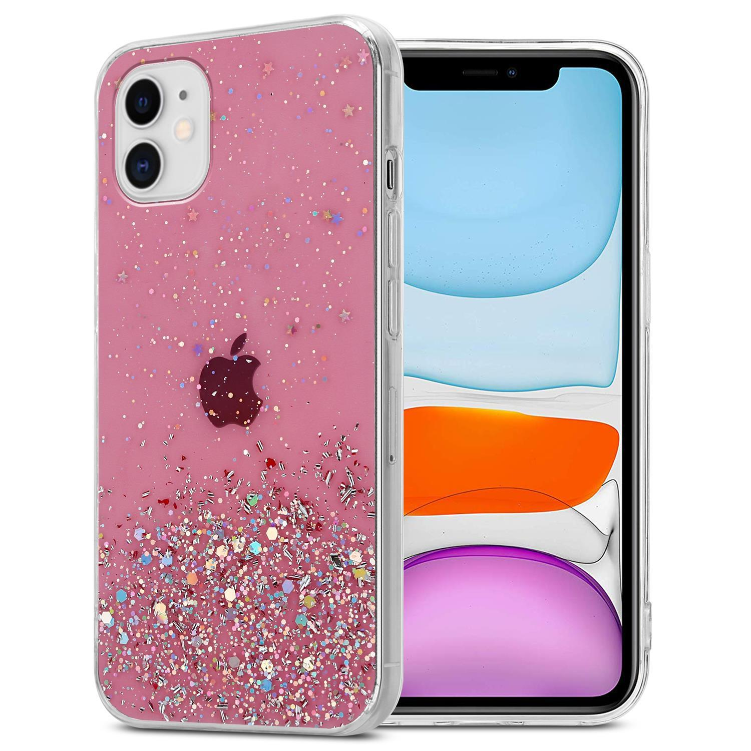 Rosa Handyhülle mit Glitzer und Apple-Logo, die ein Handy bedeckt.
