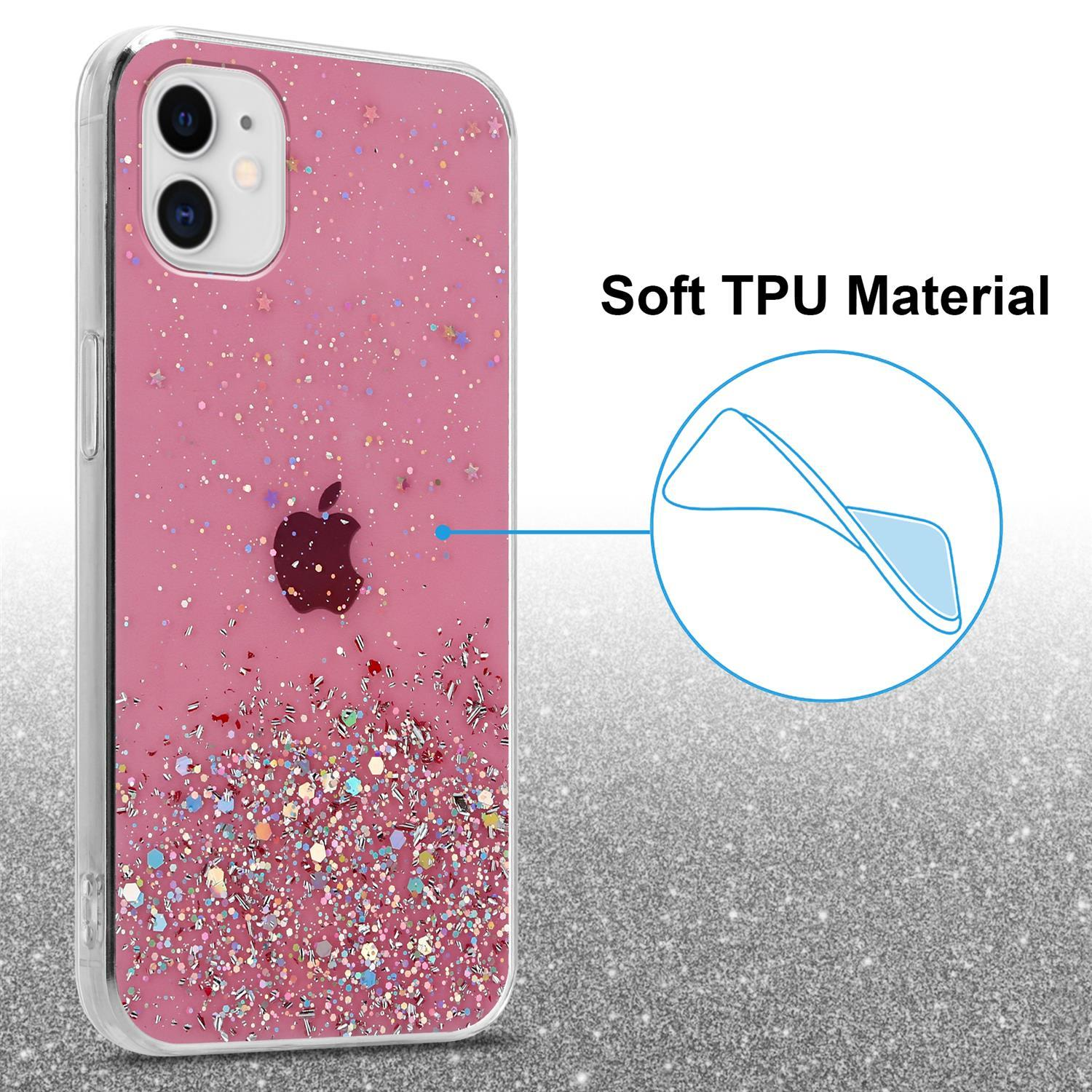 Rosa Handyhülle mit Glitzer und einem Apfel-Logo. Pfeil weist auf weiches TPU-Material hin.