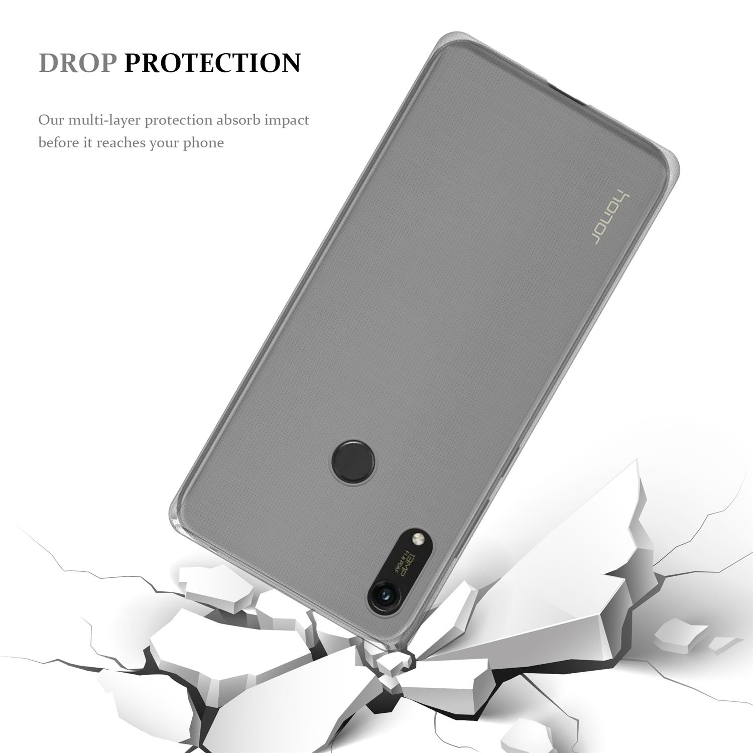 Custodia grigia per telefono con logo Honor, su sfondo bianco con crepe. Protezione dalle cadute.
