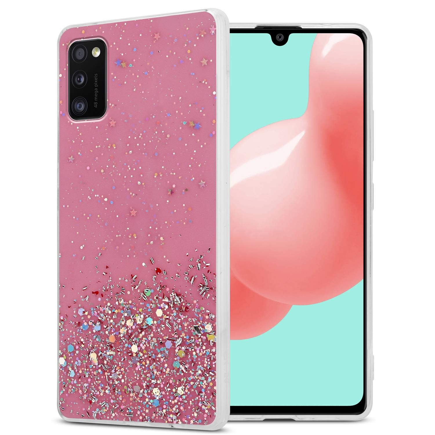 Rosa Glitzer-Handyhülle mit Telefon. Glitzer ist sichtbar.
