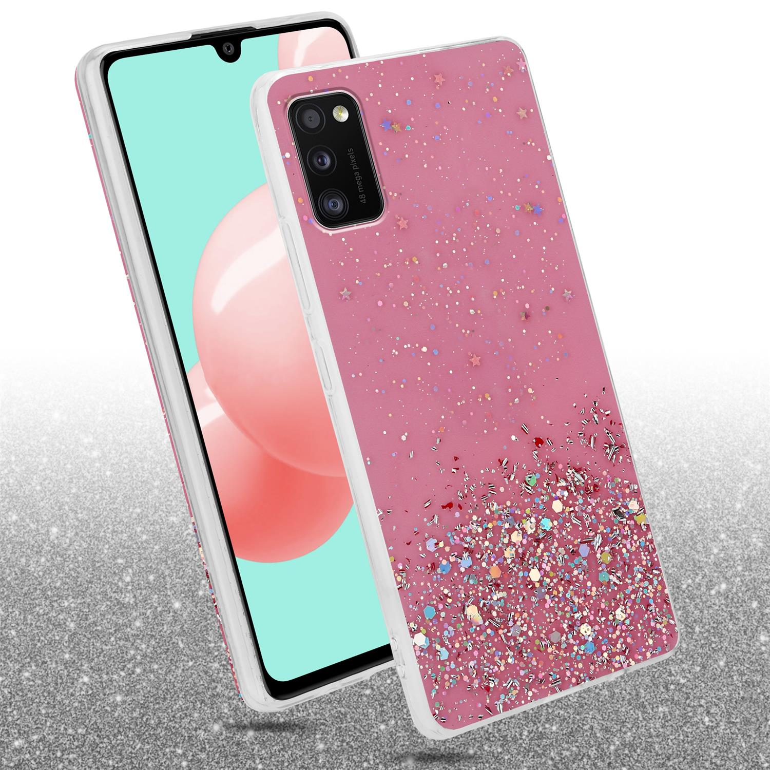 Rosa Handyhülle mit Glitzer. Telefon im Hintergrund. Text: Glitzereffekt. Rosa Pailletten.