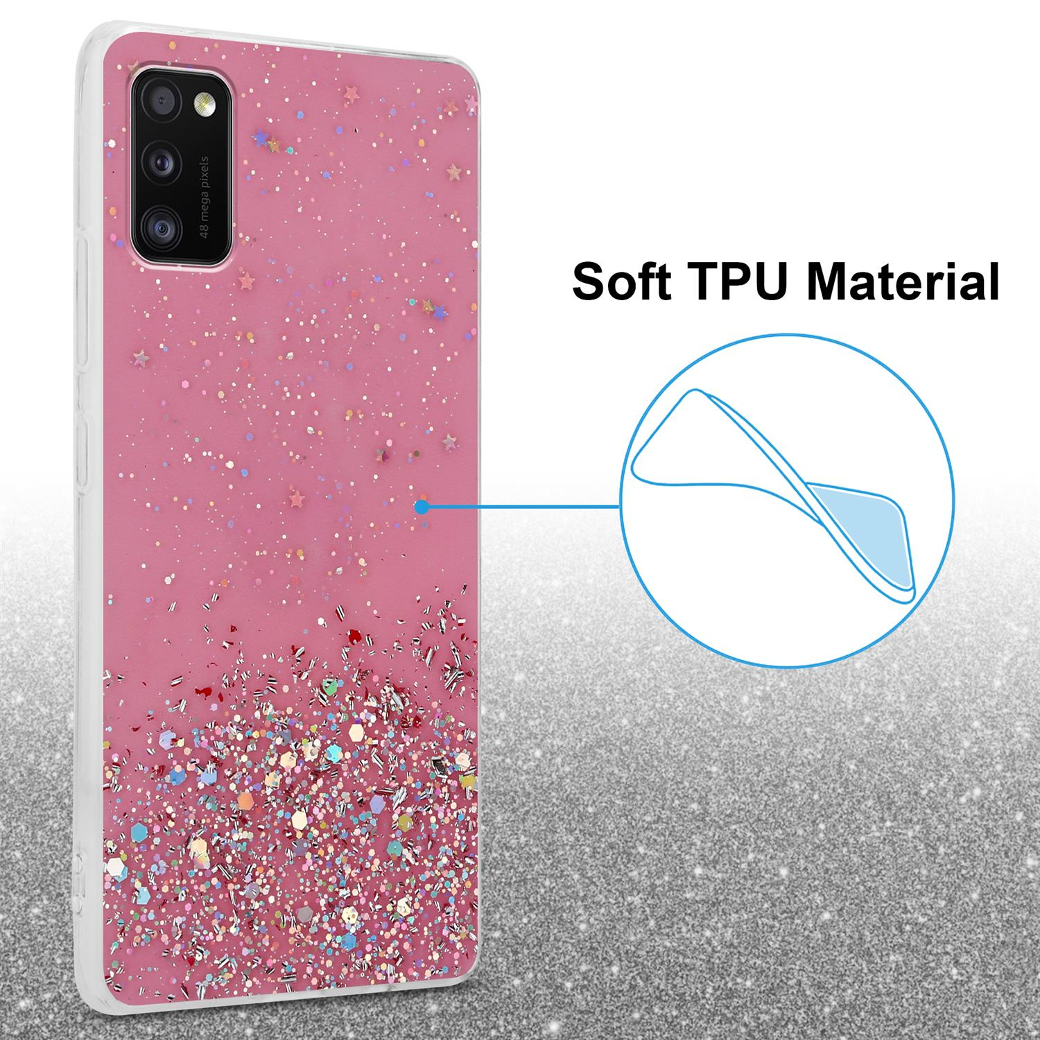 Rosa Handyhülle mit Glitzer. Weiches TPU-Material. Die Handyhülle liegt auf einer glitzernden Oberfläche.