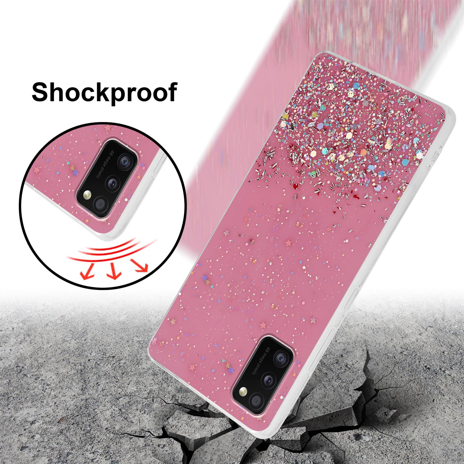 Eine pinkfarbene Glitzer-Handyhülle mit Sternen, die fällt und den Boden zerbricht, zeigt Stoßfestigkeit.