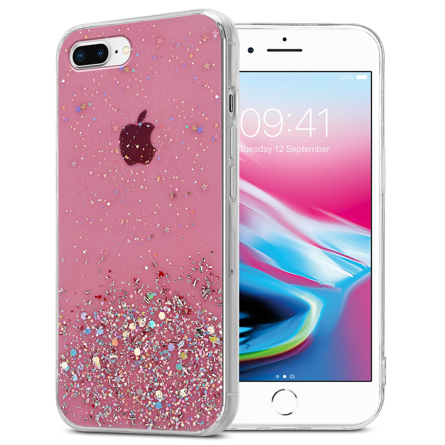Rosa Glitzer-iPhone-Hülle mit Telefon. Apple-Logo sichtbar. Transparente äußere Hülle.
