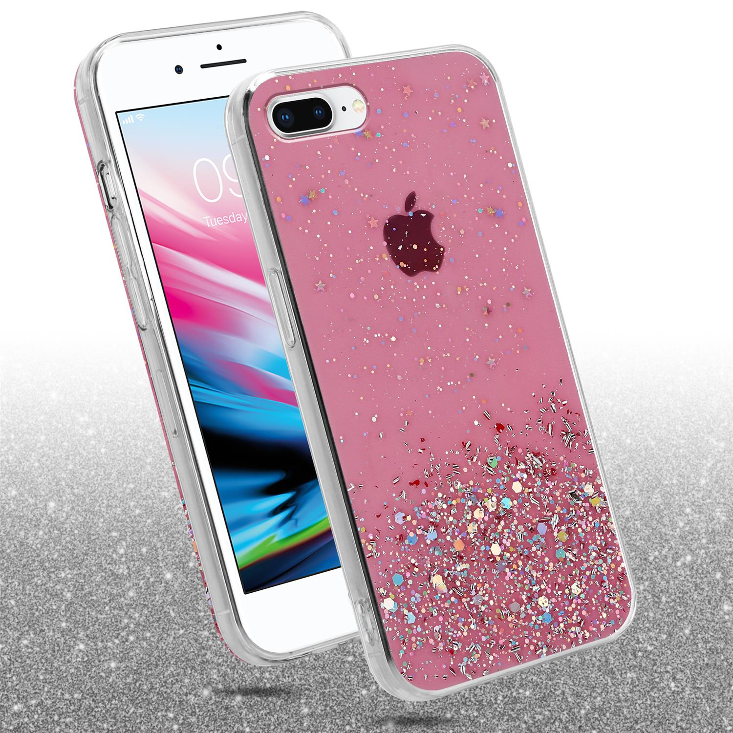 Zwei Telefone, eines mit einer transparenten Hülle mit rosa Glitzer und eines mit einem Bildschirm.