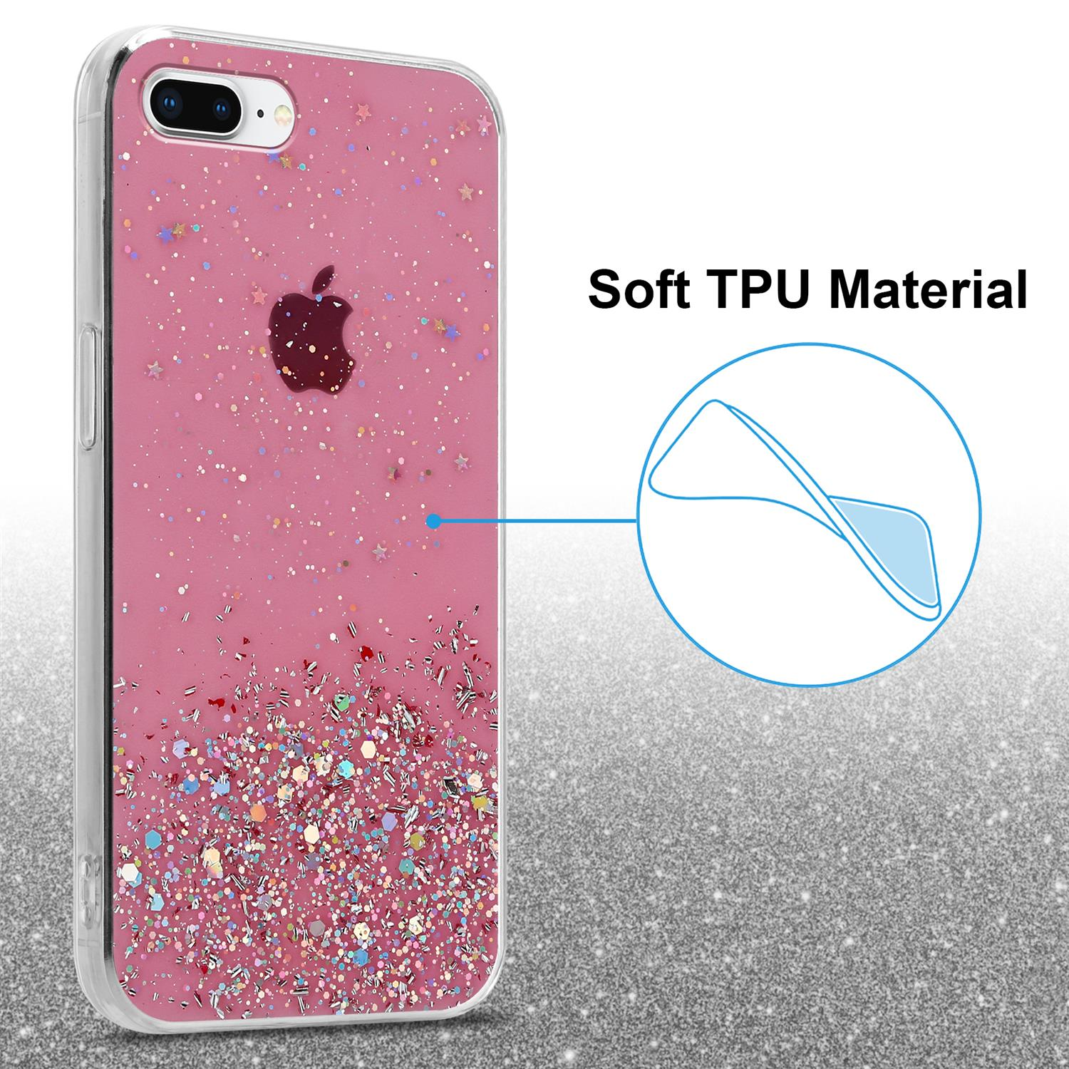 Handyhülle mit Glitzer und Apfel-Logo. Die Hülle ist transparent. Funkelnder Hintergrund.