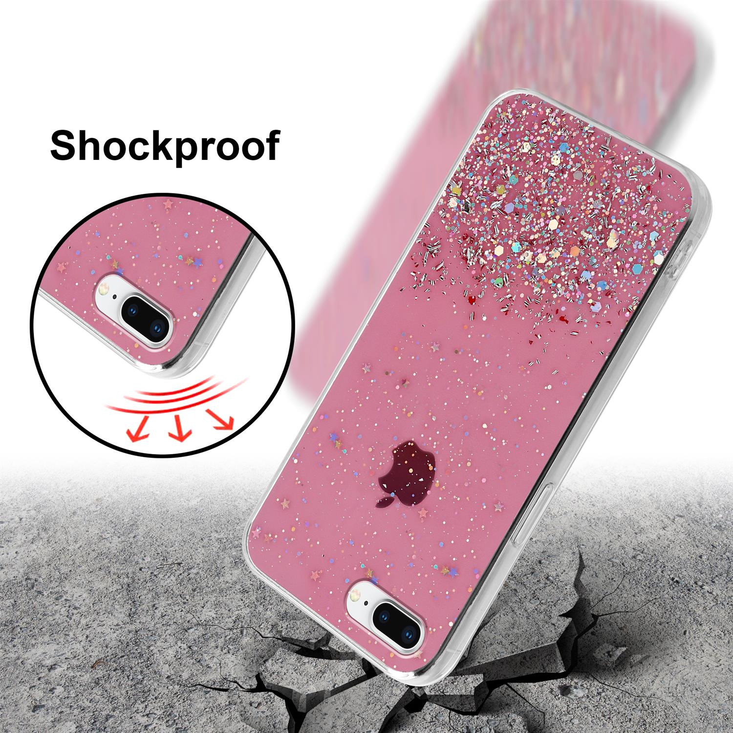 Rosa Handyhülle mit Glitzer, das Telefon scheint auf eine zerbrochene Oberfläche zu fallen.