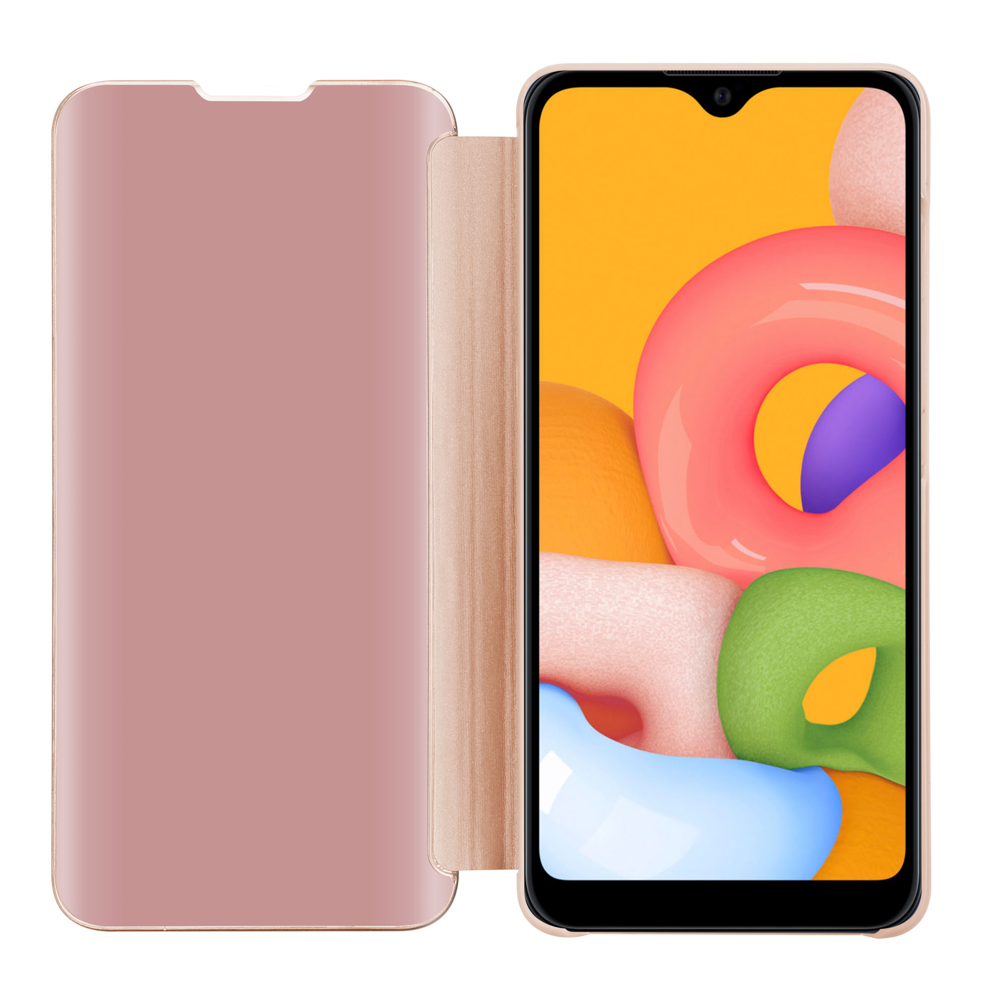 Ein Telefon in einer roségoldenen Folio-Hülle, geöffnet. Der Telefonbildschirm zeigt farbenfrohe abstrakte Formen.
