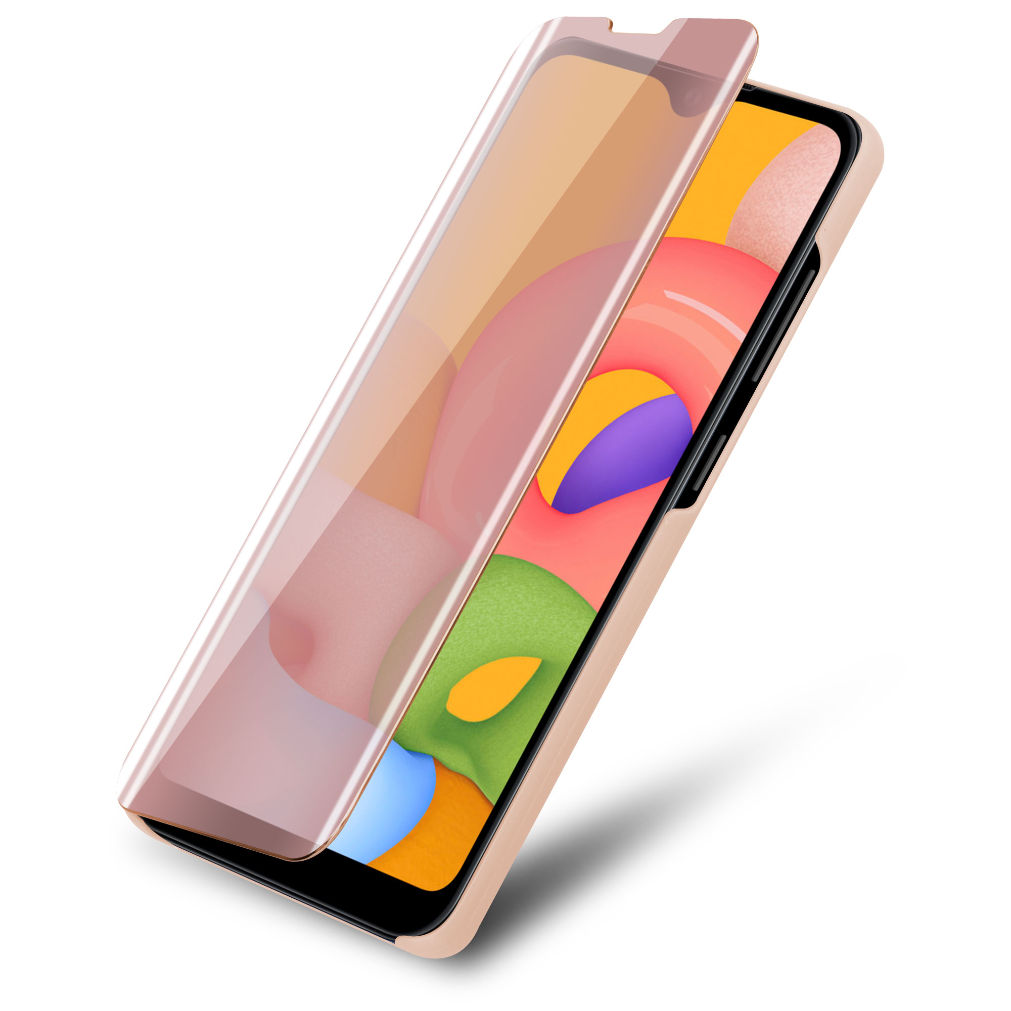 Ein Telefon mit Displayschutz. Das Telefon hat ein farbenfrohes Display. Der Schutz ist klar und roségoldfarben getönt.