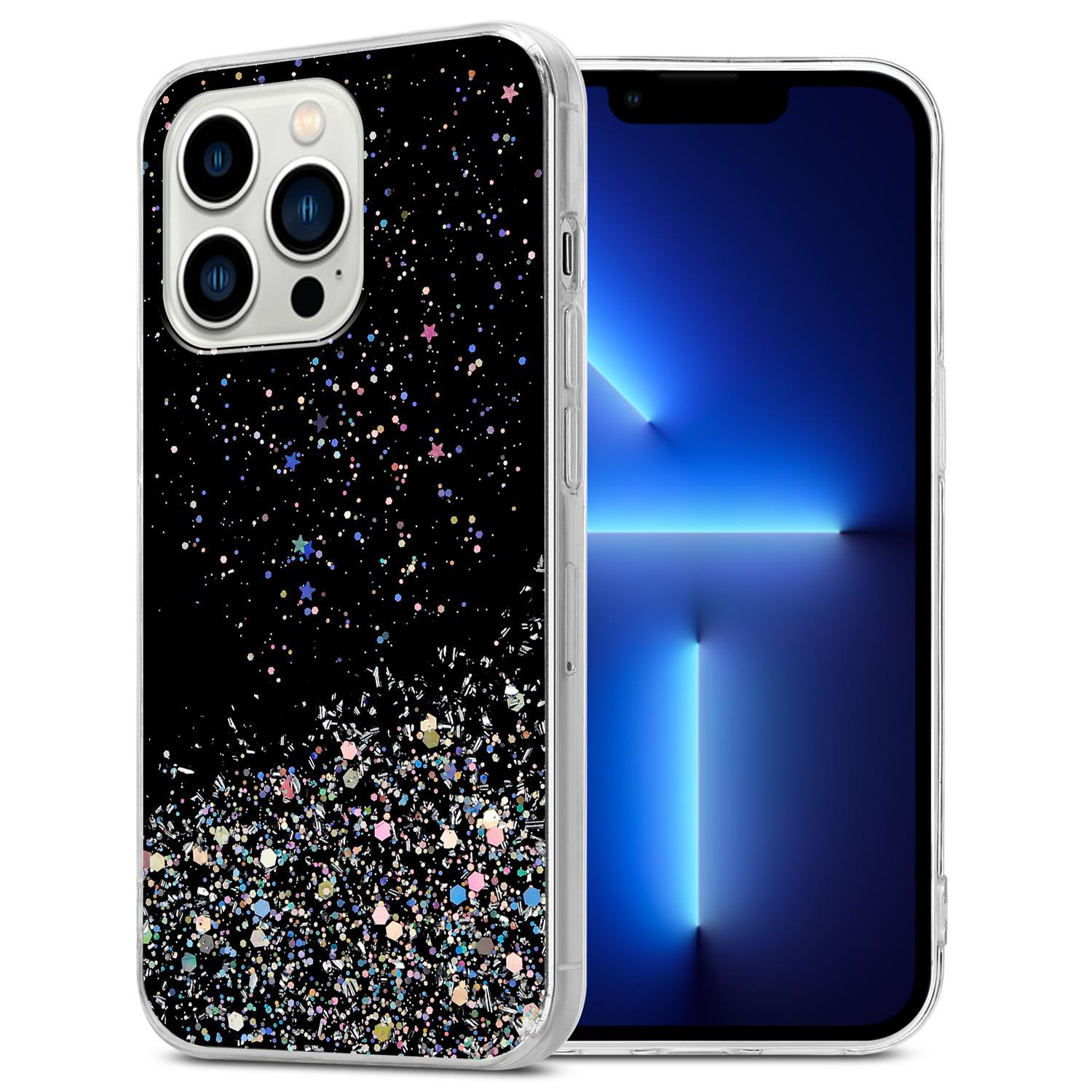 Schwarze Handyhülle mit Glitzer. Das Handy zeigt einen blauen Bildschirm. Die Hülle hat Kameraausschnitte.