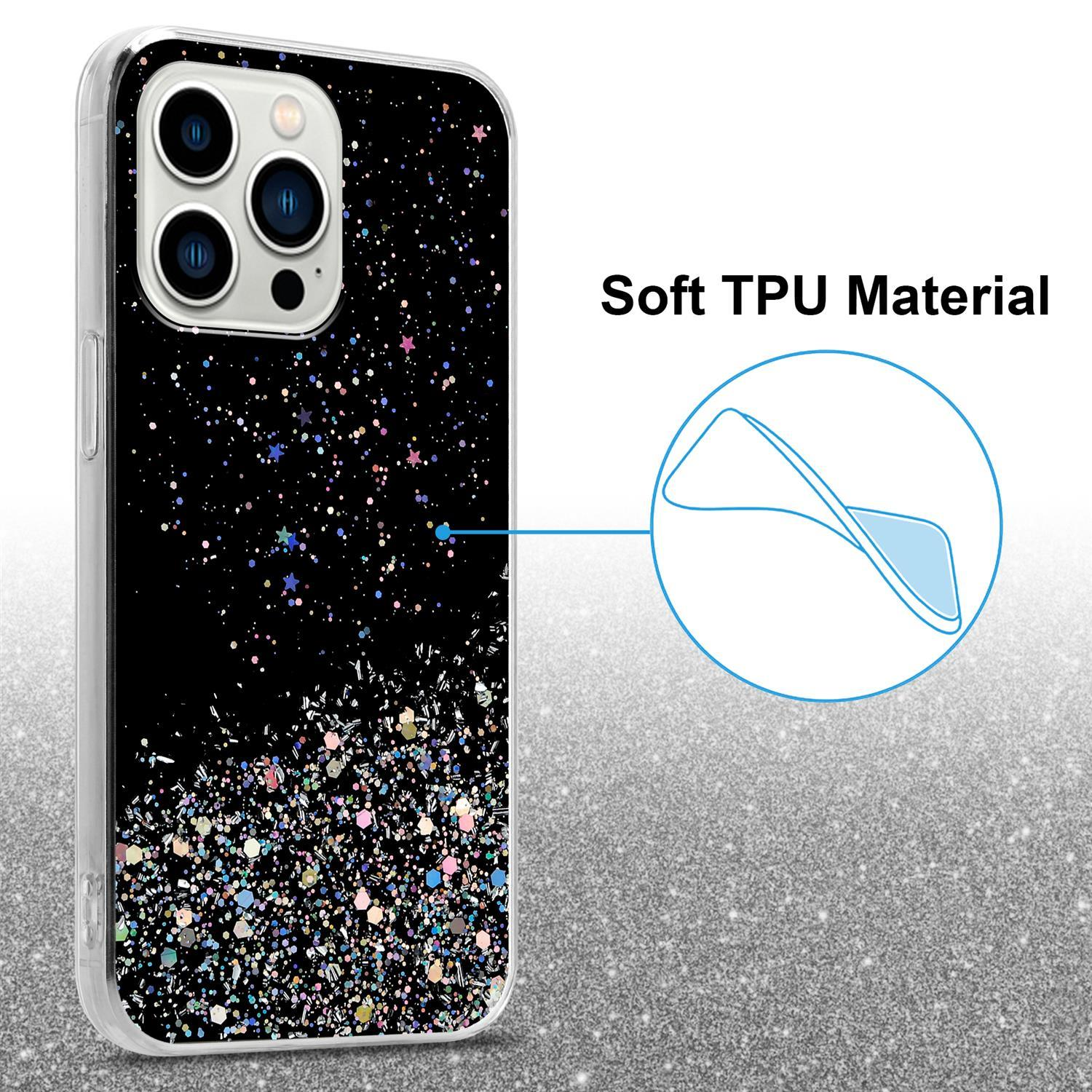 Eine schwarze Handyhülle mit Glitzer. Der Text 'Soft TPU Material' ist sichtbar.