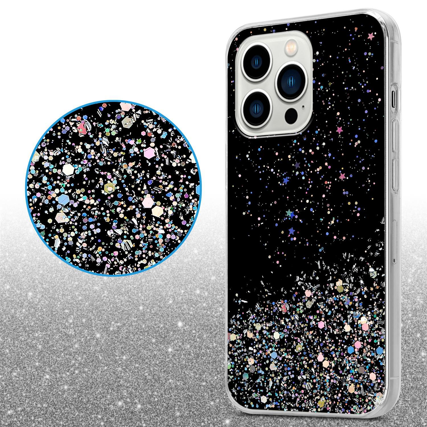 Schwarze Handyhülle mit Glitzerdesign. Vergrößerter Ausschnitt des Glitzerdesigns ist vorhanden.