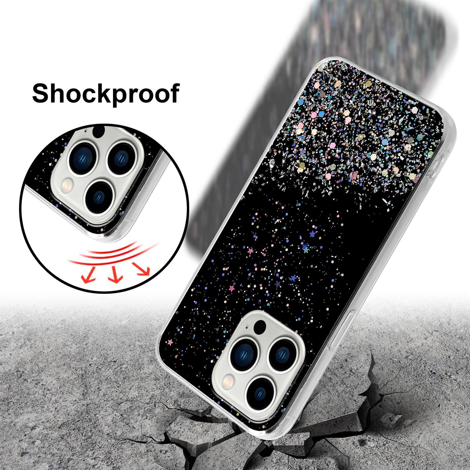 Ein Telefon mit einer glitzernden schwarzen Hülle wird mit Schwerpunkt auf stoßfestem Schutz gezeigt, zerbrochene Oberfläche.