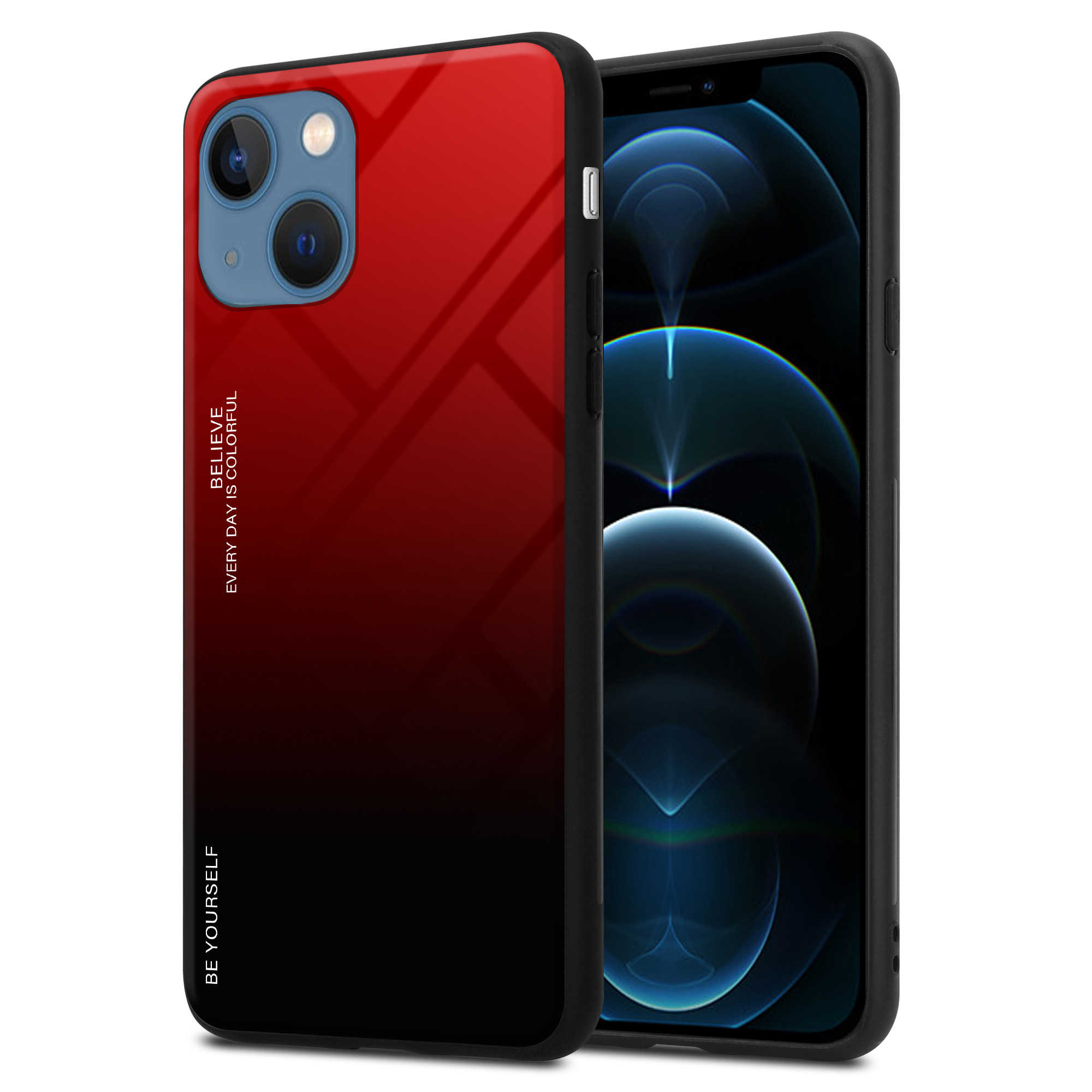 Ein Telefon mit einer rot-schwarzen Farbverlaufshülle. Auf der Hülle steht: „Believe every day is colorful“.