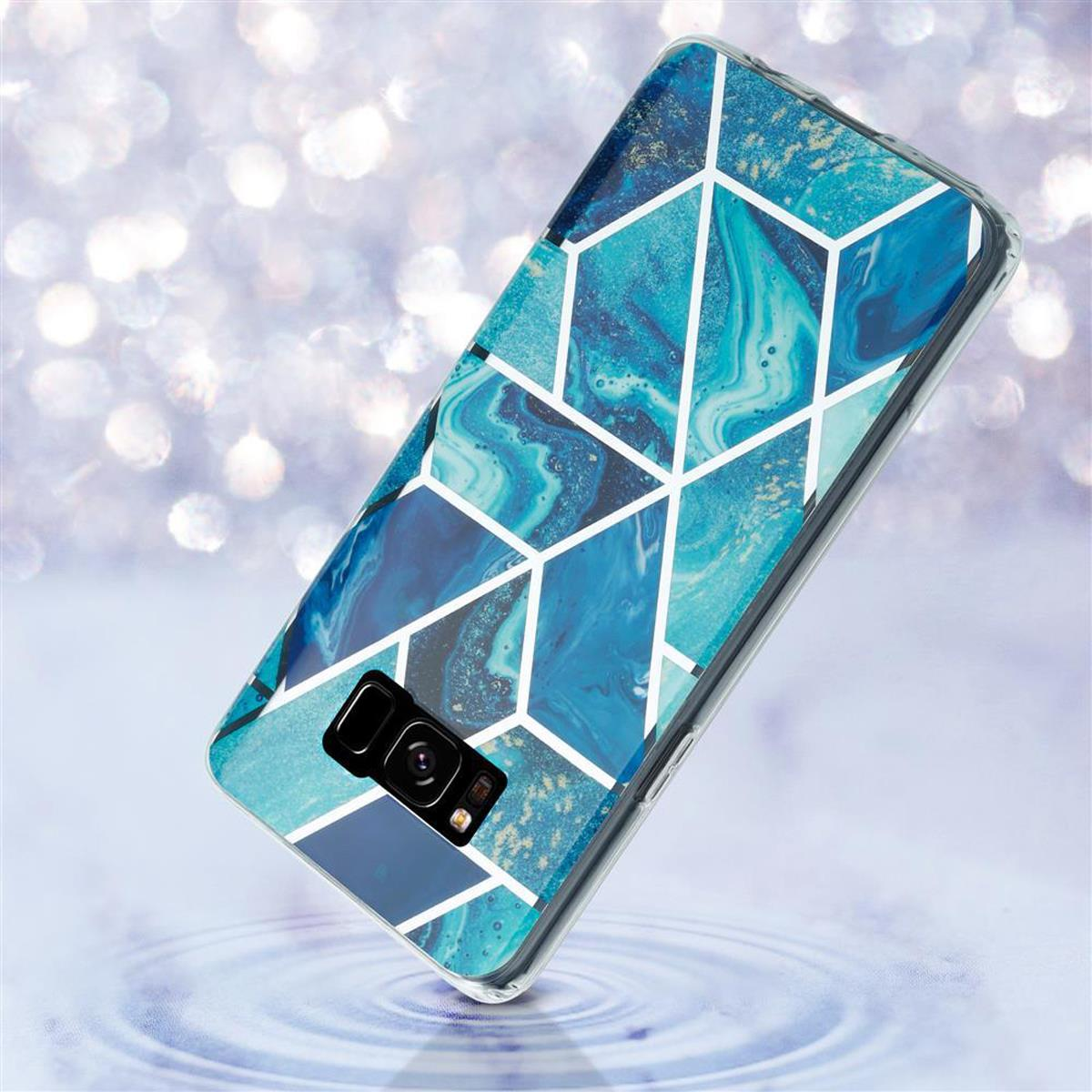 Una custodia per telefono con un design a marmo blu su uno sfondo scintillante, con effetto acqua.